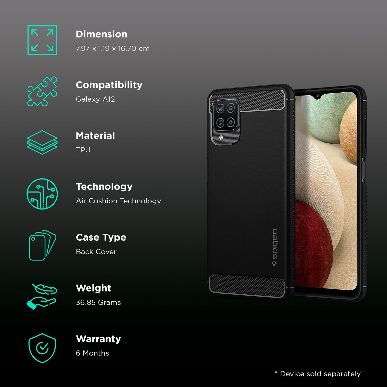 spigen Rugged Armor TPU Back Case For Galaxy A12 (Air Cushion Technology, ACS02786, Black)_2