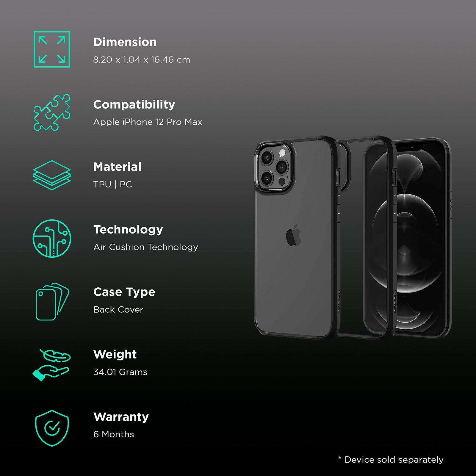 spigen Ultra Hybrid TPU & Polycarbonate Back Cover for Apple iPhone 12 Pro Max (Air Cushion Technology, Matte Black)_2