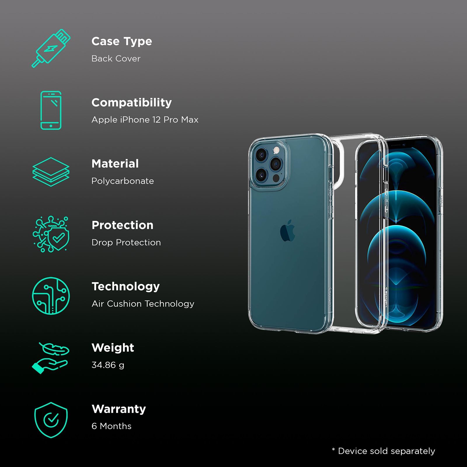 spigen Ultra Hybrid TPU & Polycarbonate Back Cover for Apple iPhone 12 Pro Max (Air Cushion Technology, Crystal Clear)_2