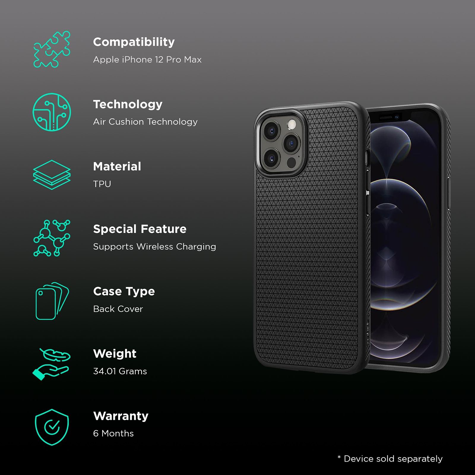 spigen Liquid Air TPU Back Cover For Apple iPhone 12 Pro Max (Supports Wireless Charging, Matte Black)_2