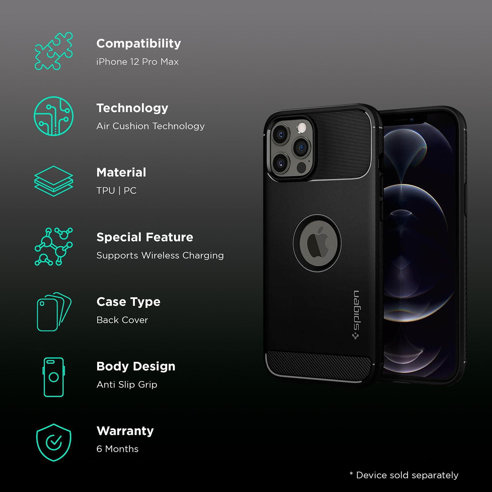 spigen Rugged Armor TPU & PC Back Case For iPhone 12 Pro Max (Slim & Grip-Friendly, ACS01616, Matte Black)_2