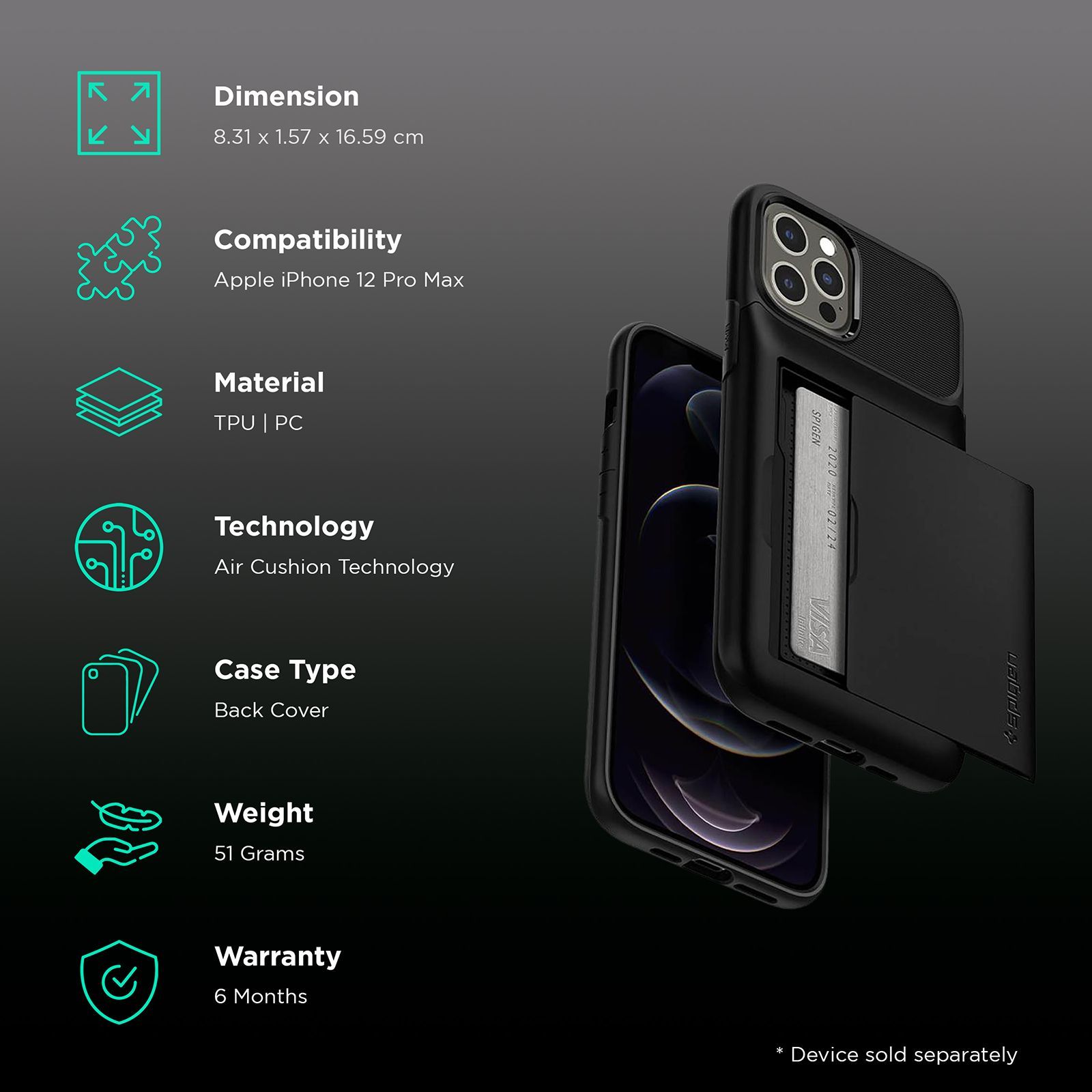 spigen Slim Armor Wallet TPU & Polycarbonate Back Cover for Apple iPhone 12 Pro Max (Air Cushion Technology, Black)_2