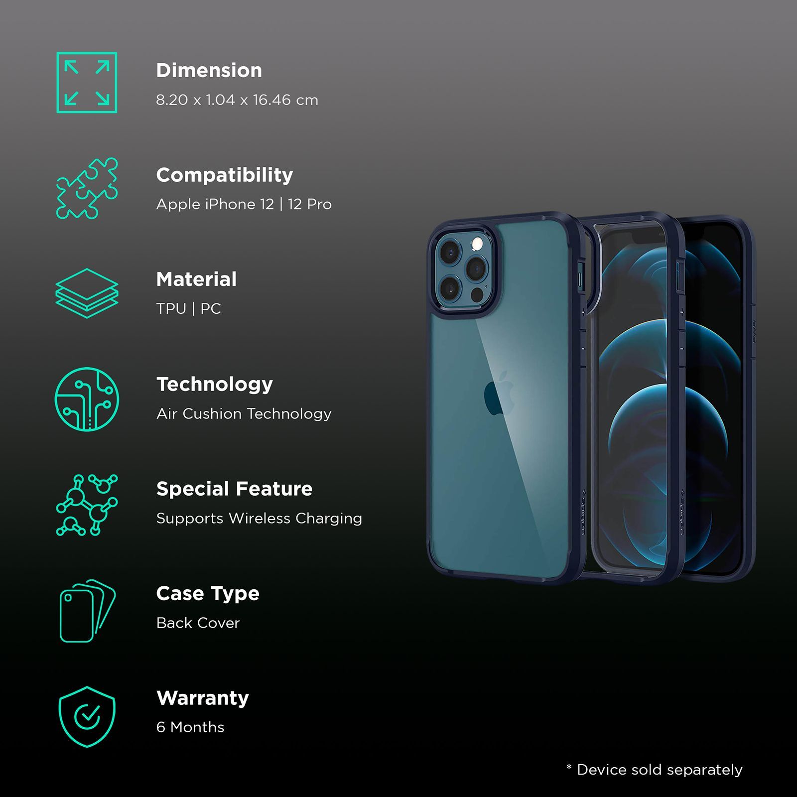 spigen Ultra Hybrid Polycarbonate & TPU Back Cover for Apple iPhone 12, 12 Pro (Supports Wireless Charging, Navy Blue)_2