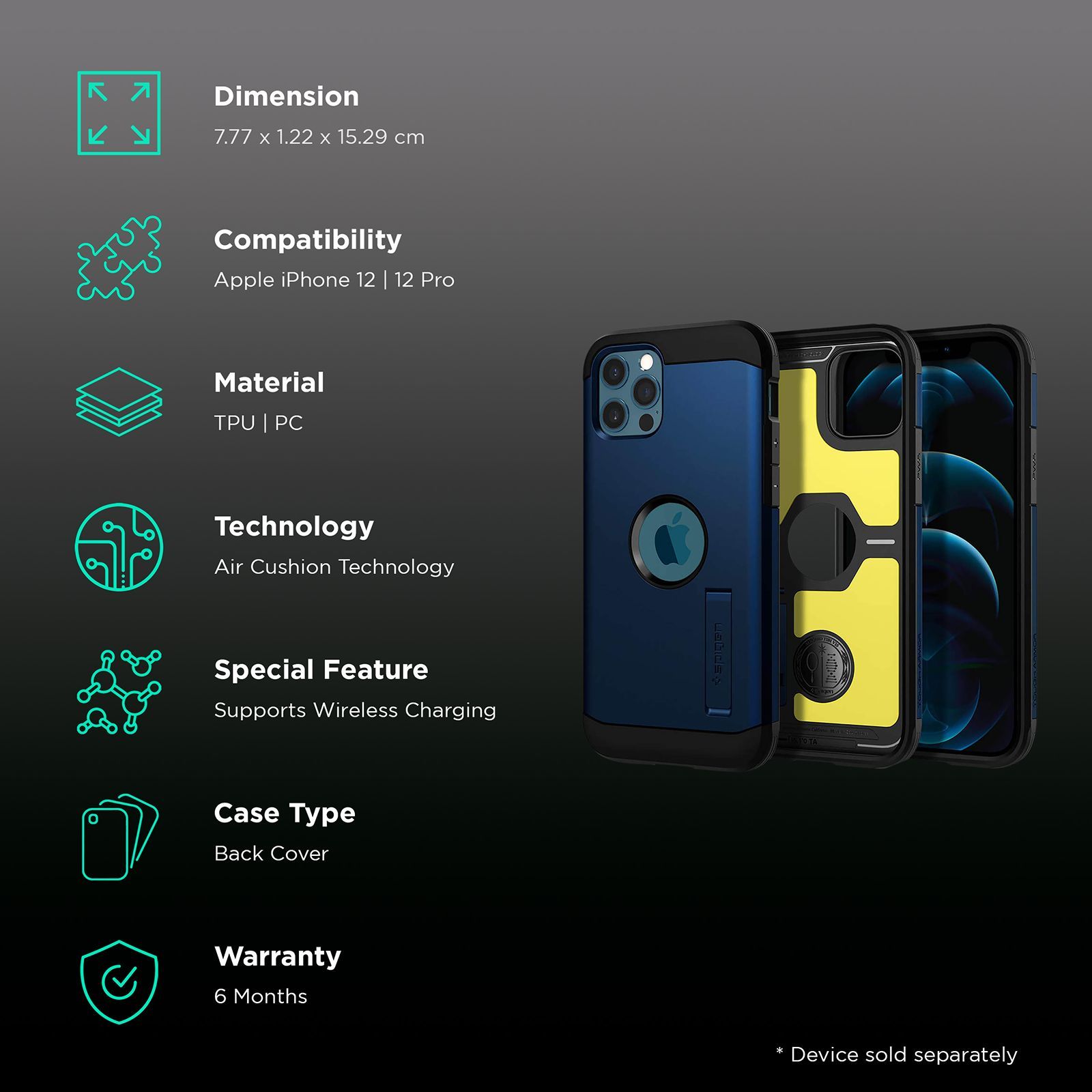 spigen Tough Armor Polycarbonate & TPU Back Cover for Apple iPhone 12, 12 Pro (Supports Wireless Charging, Navy Blue)_2