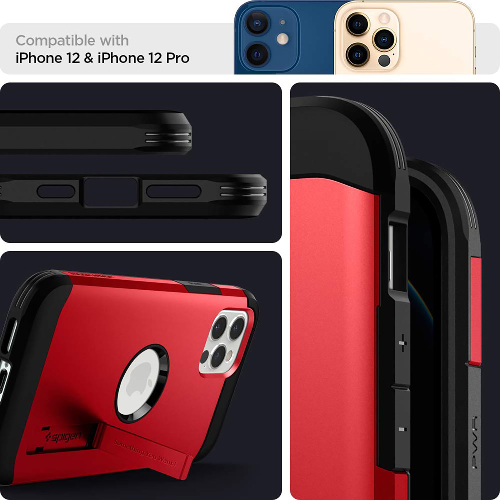 spigen Tough Armor TPU & Polycarbonate Back Case with Stand for Apple iPhone 12, 12 Pro (Wireless Charging Compatible, Red)_8