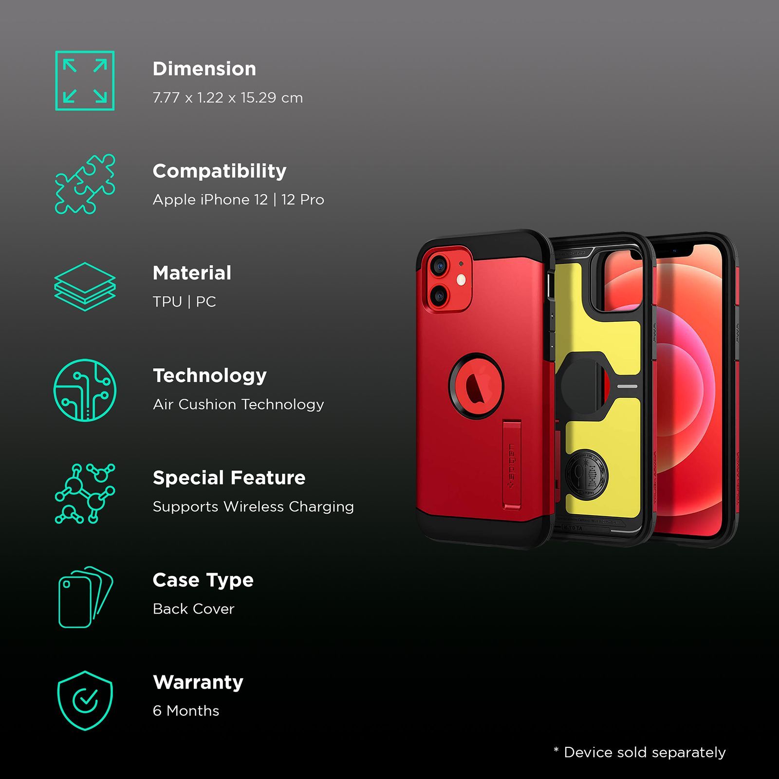 spigen Tough Armor TPU & Polycarbonate Back Case with Stand for Apple iPhone 12, 12 Pro (Wireless Charging Compatible, Red)_2