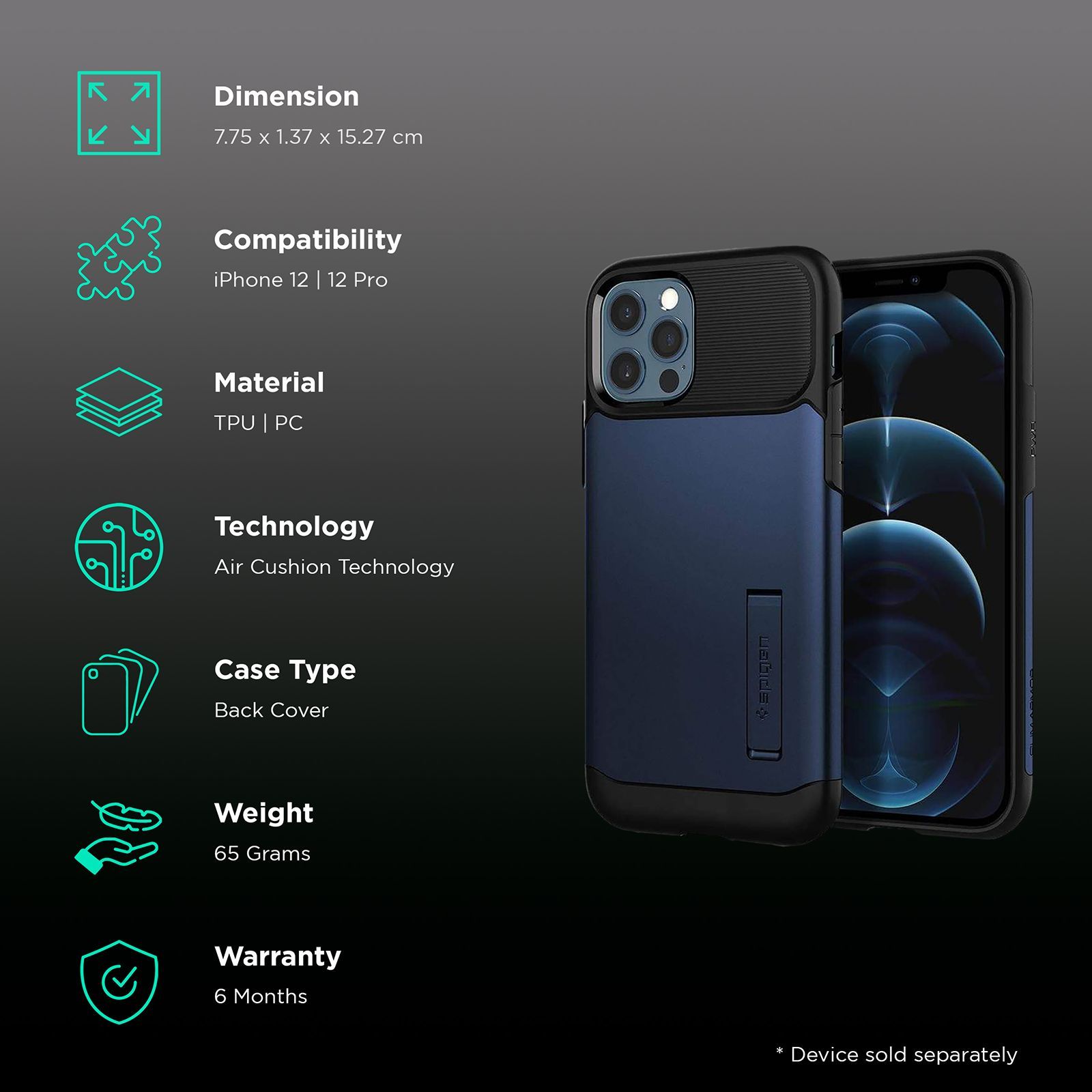 spigen Slim Armor TPU & PC Back Case For iPhone 12/iPhone 12 Pro (Air Cushion Technology, ACS02516, Navy Blue)_2