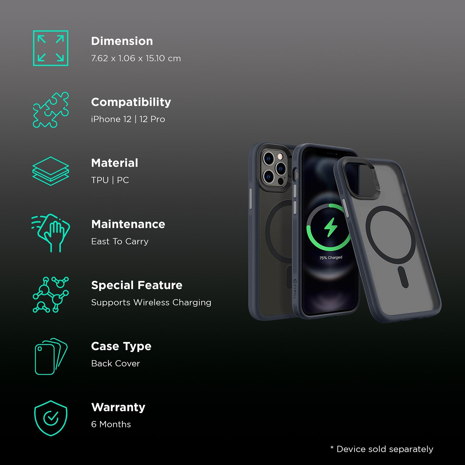 spigen TPU and Polycarbonate Back Cover for Apple iPhone 12 and iPhone 12 Pro (Wireless Charging Support,, Graphite)_2