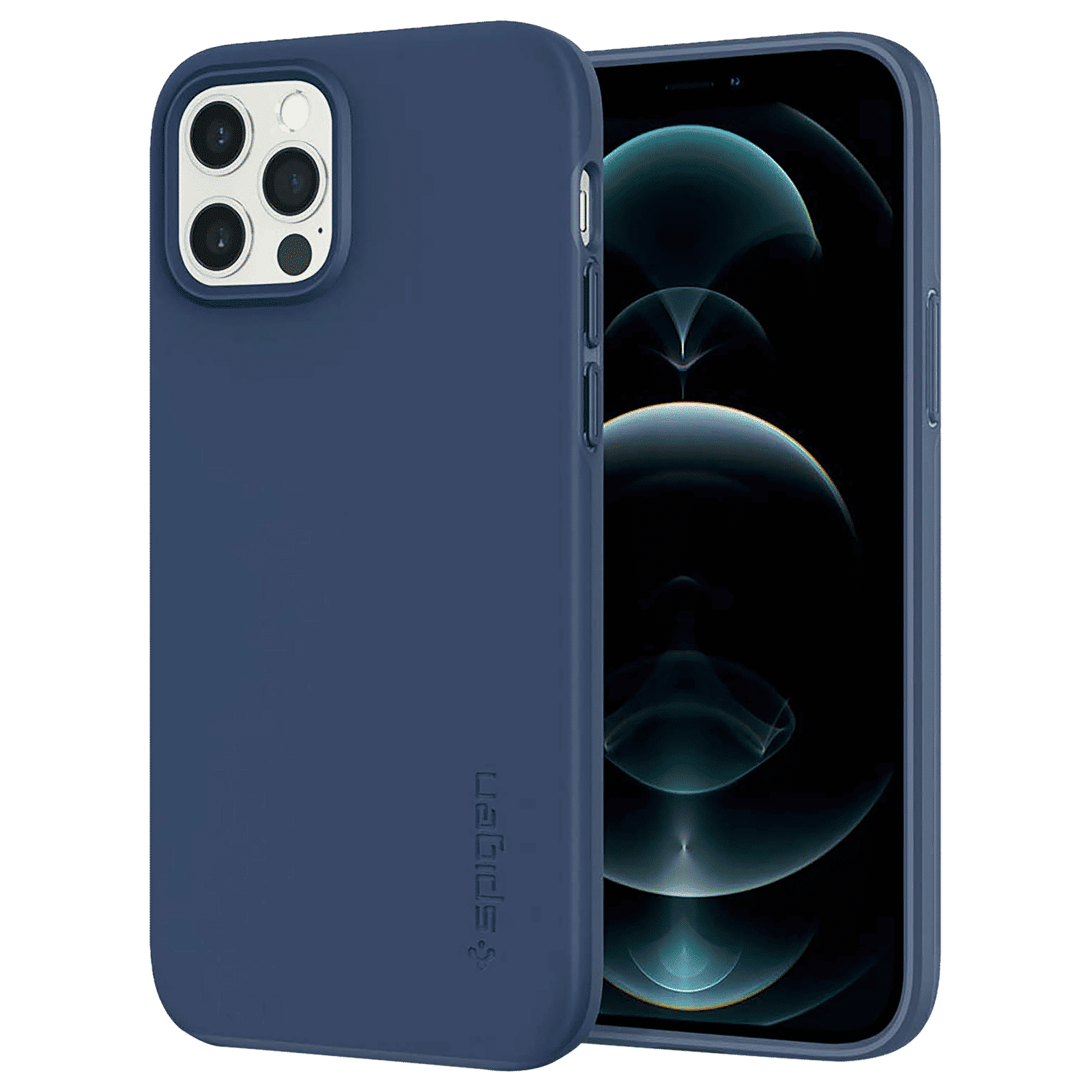 spigen Thin Fit Polycarbonate Back Cover for Apple iPhone 12, 12 Pro (Wireless Charging Compatible, Deep Blue)_1