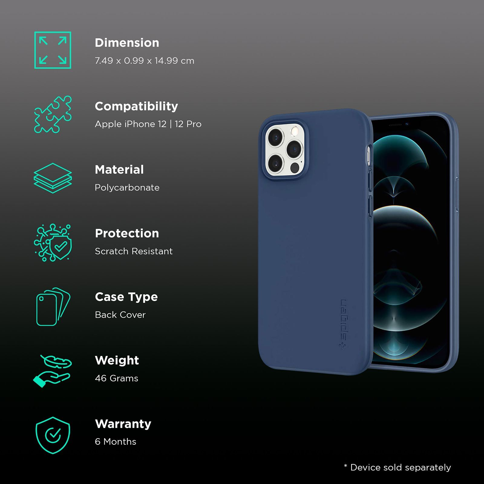 spigen Thin Fit Polycarbonate Back Cover for Apple iPhone 12, 12 Pro (Wireless Charging Compatible, Deep Blue)_2