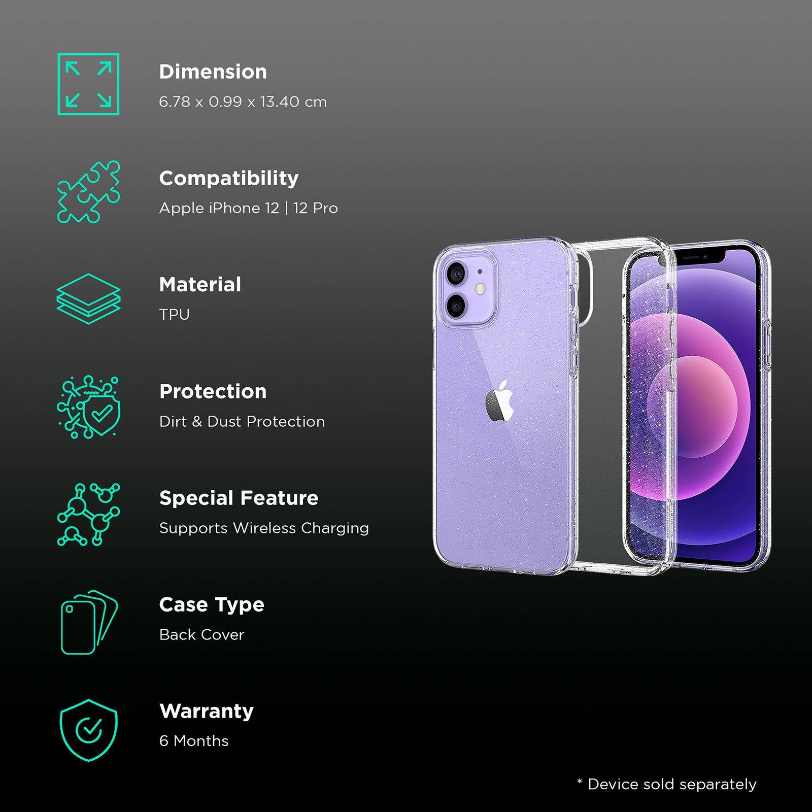 spigen Liquid Crystal Glitter TPU Back Cover for Apple iPhone 12, 12 Pro (Wireless Charging Compatible, Crystal Quartz)_2