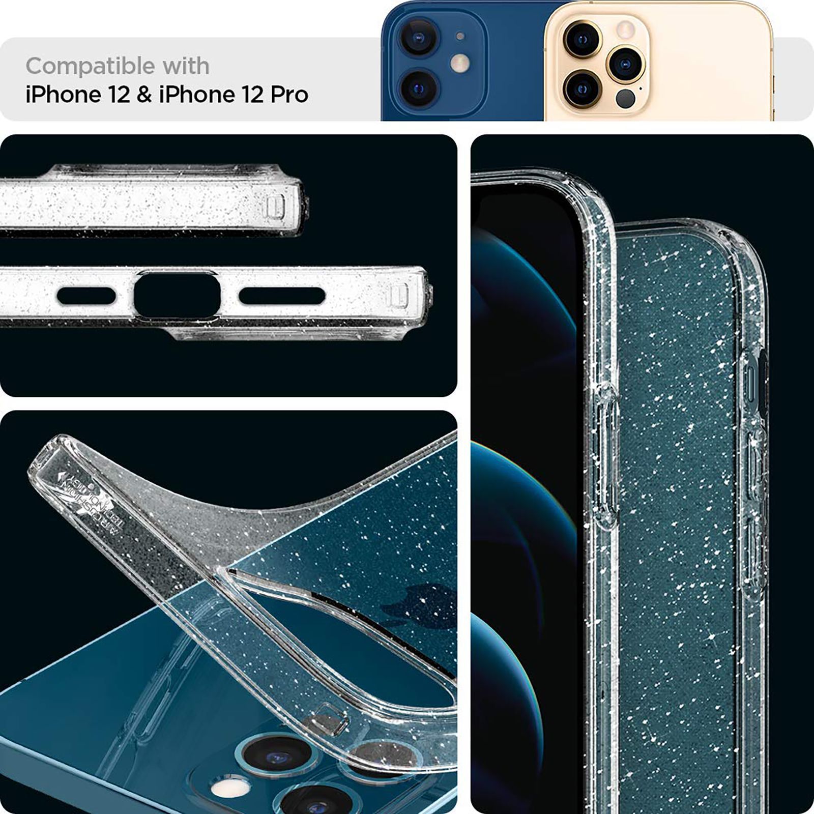 spigen Liquid Crystal Glitter TPU Back Cover for Apple iPhone 12, 12 Pro (Wireless Charging Compatible, Crystal Quartz)_3