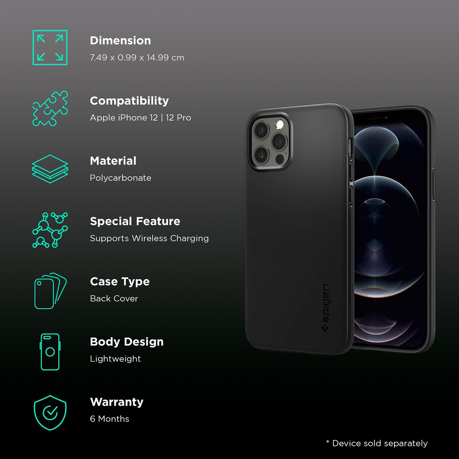 spigen Thin Fit Polycarbonate Back Cover for Apple iPhone 12, 12 Pro (Wireless Charging Compatible, Black)_2