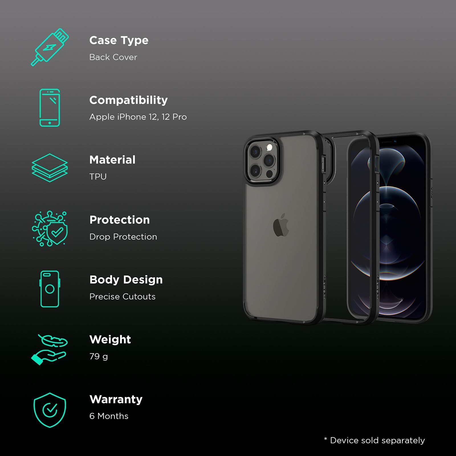 spigen Crystal Hybrid TPU Back Cover for Apple iPhone 12 and iPhone 12 Pro (Certified Military Grade Protection, Black)_2