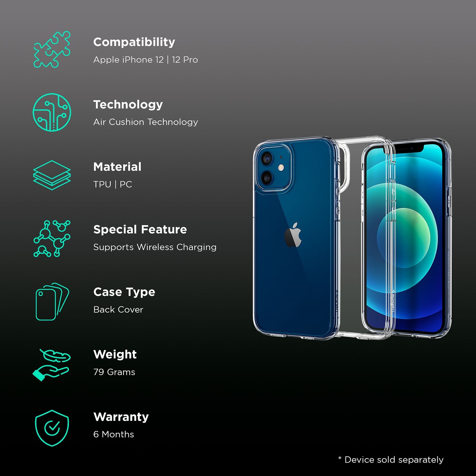 spigen Crystal Hybrid Polycarbonate and TPU Back Cover for Apple iPhone 12 and 12 Pro (Air Cushion Technology, Clear)_2