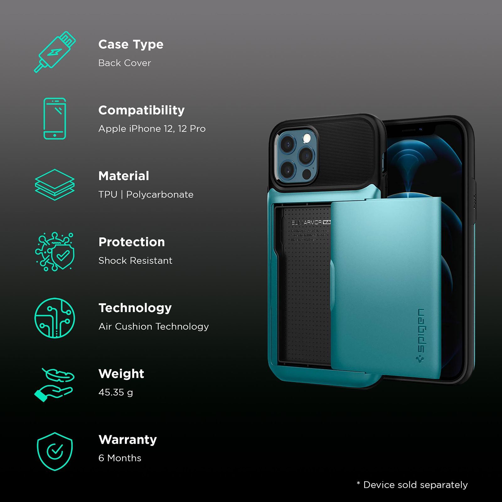 spigen Slim Armor Wallet TPU & Polycarbonate Back Cover for Apple iPhone 12, 12 Pro (Air Cushion Technology, Mint)_2