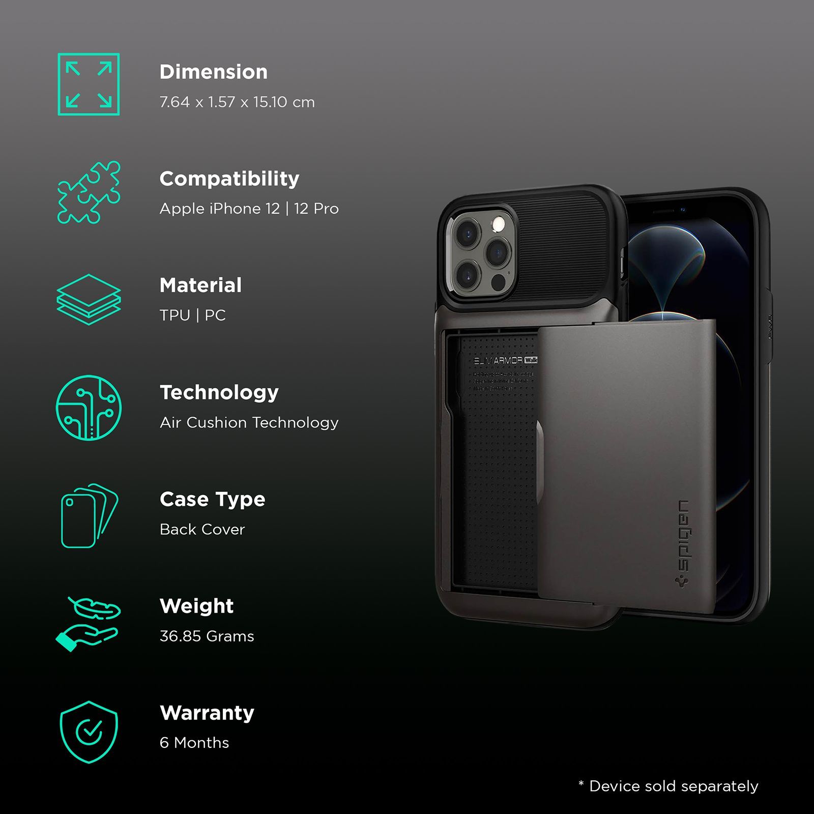 spigen Slim Armor Wallet TPU & Polycarbonate Back Cover for Apple iPhone 12, 12 Pro (Air Cushion Technology, Gunmetal)_2