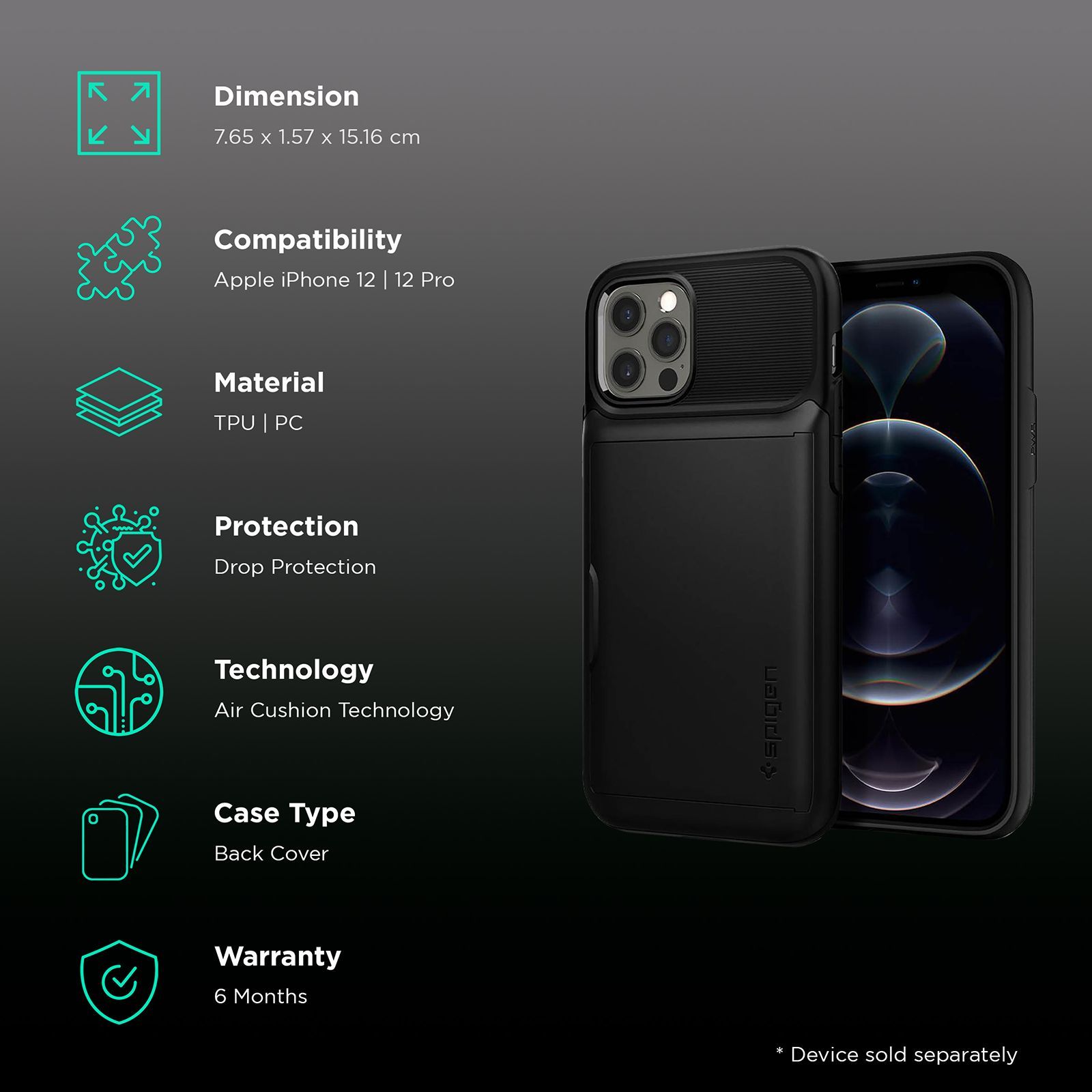 spigen Slim Armor Wallet TPU & Polycarbonate Back Cover for Apple iPhone 12, 12 Pro (Air Cushion Technology, Black)_2