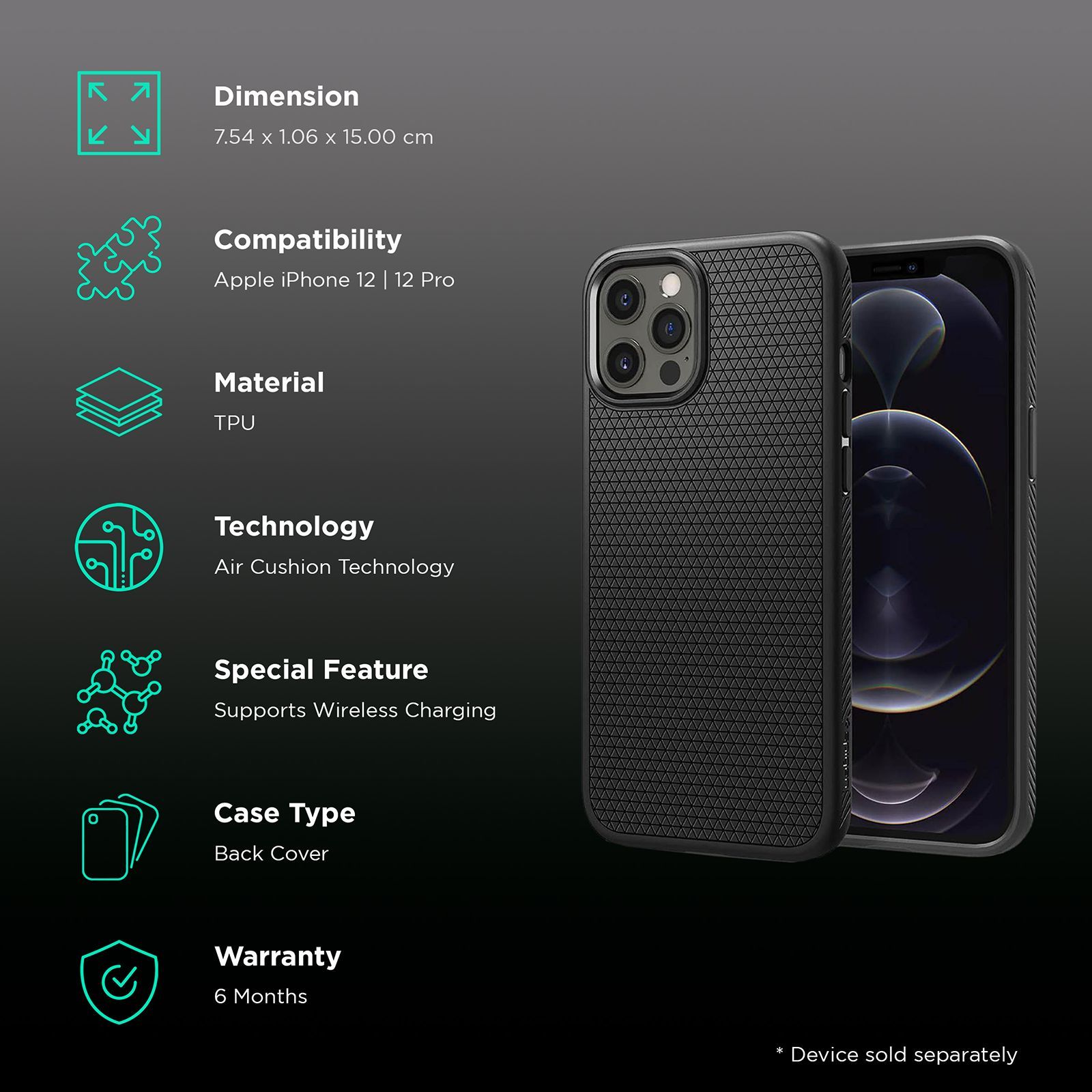 spigen Liquid Air TPU Back Cover for Apple iPhone 12, 12 Pro (Wireless Charging Compatible, Matte Black)_2