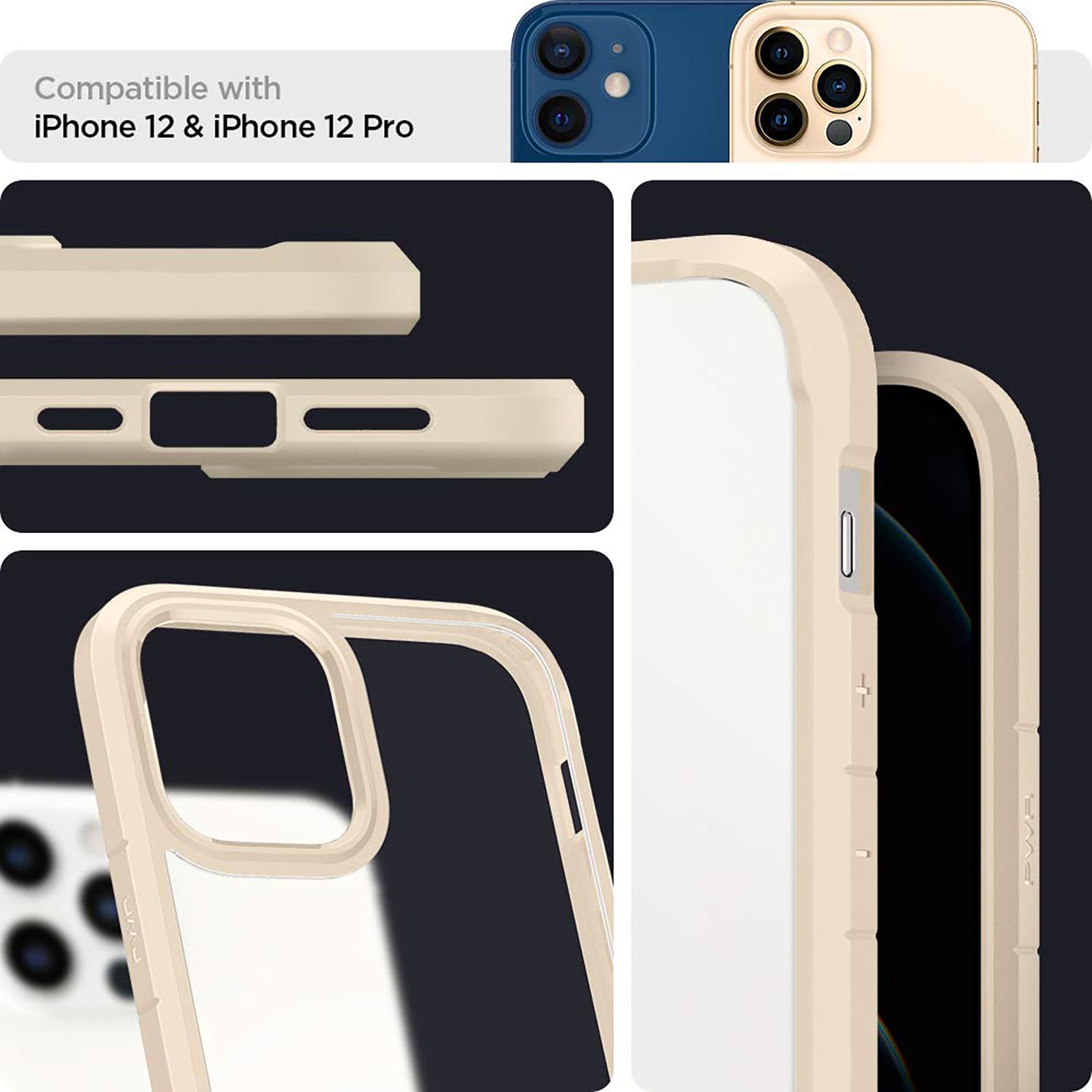 spigen Ultra Hybrid TPU & Polycarbonate Back Cover for Apple iPhone 12, 12 Pro (Supports Wireless Charging, Sand Beige)_9