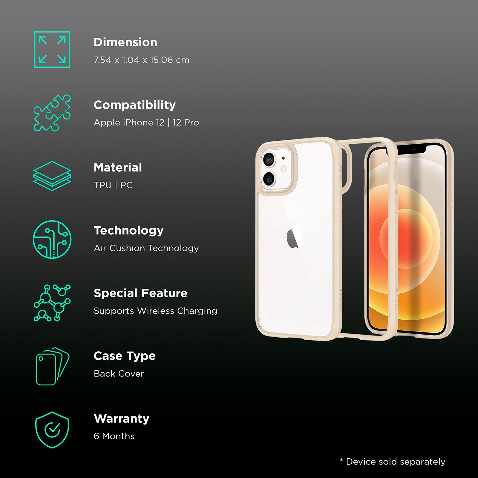 spigen Ultra Hybrid TPU & Polycarbonate Back Cover for Apple iPhone 12, 12 Pro (Supports Wireless Charging, Sand Beige)_2