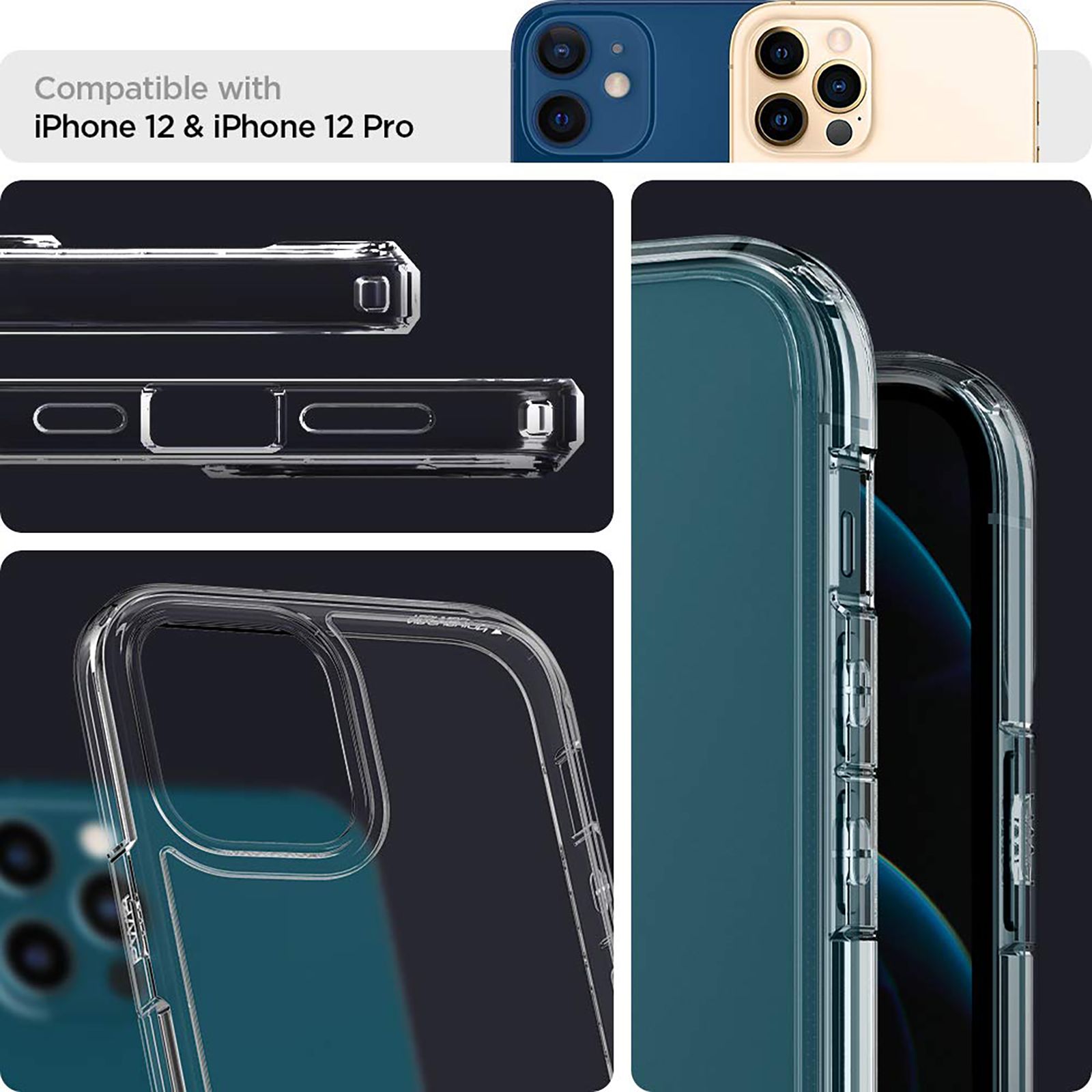 spigen Ultra Hybrid TPU & Polycarbonate Back Cover for Apple iPhone 12, 12 Pro (Air Cushion Technology, Crystal Clear)_8