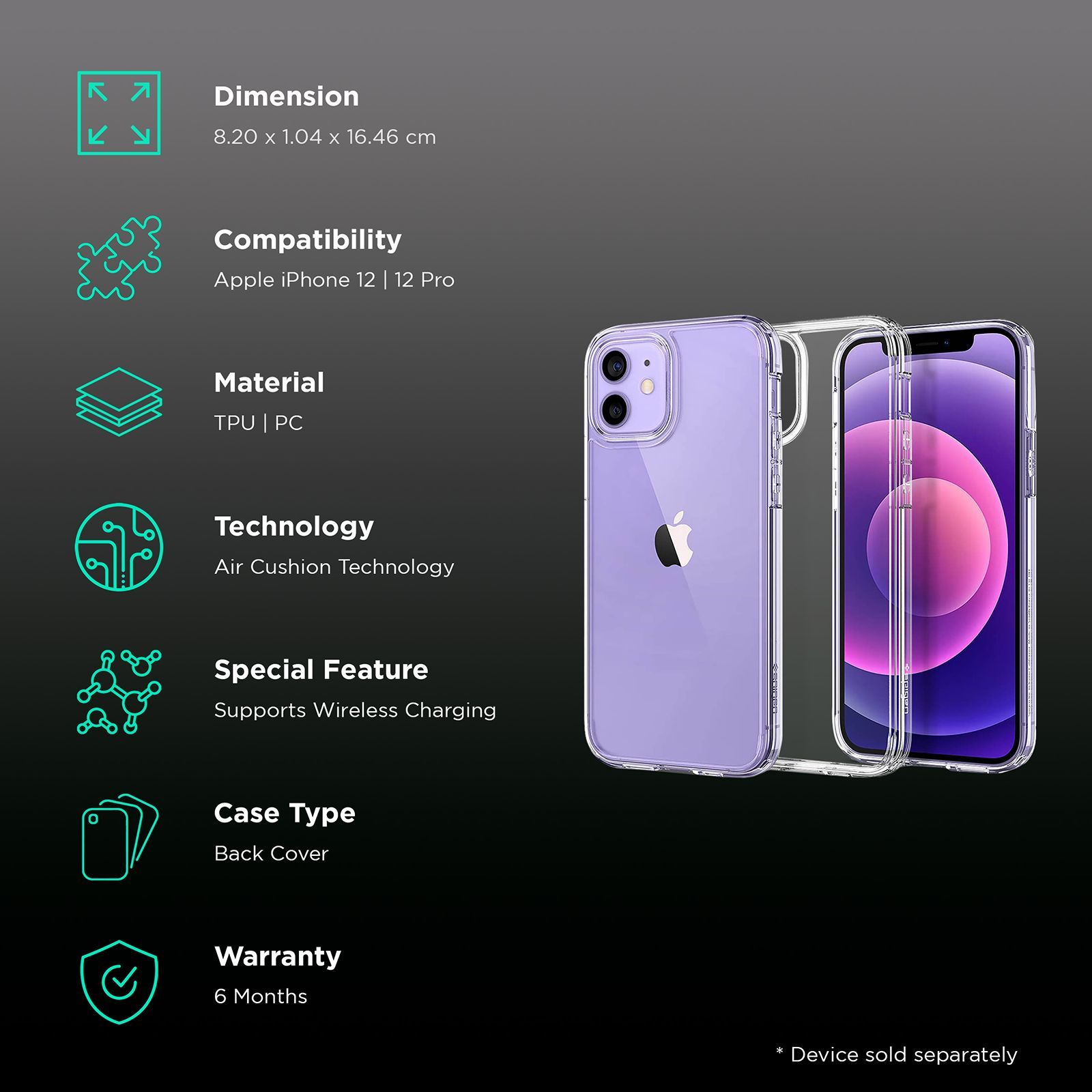 spigen Ultra Hybrid TPU & Polycarbonate Back Cover for Apple iPhone 12, 12 Pro (Air Cushion Technology, Crystal Clear)_2