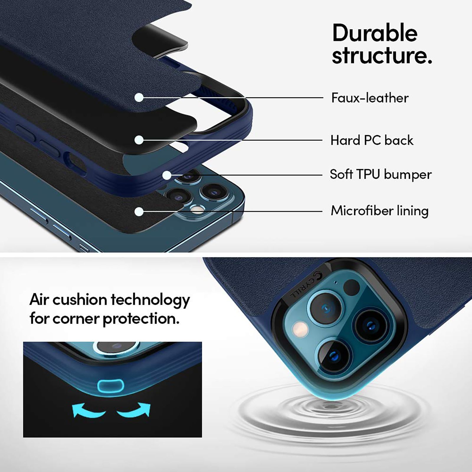 spigen Cyrill Polycarbonate,TPU & Faux Leather Back Cover for Apple iPhone 12, 12 Pro (Air Cushion Technology, Navy)_15