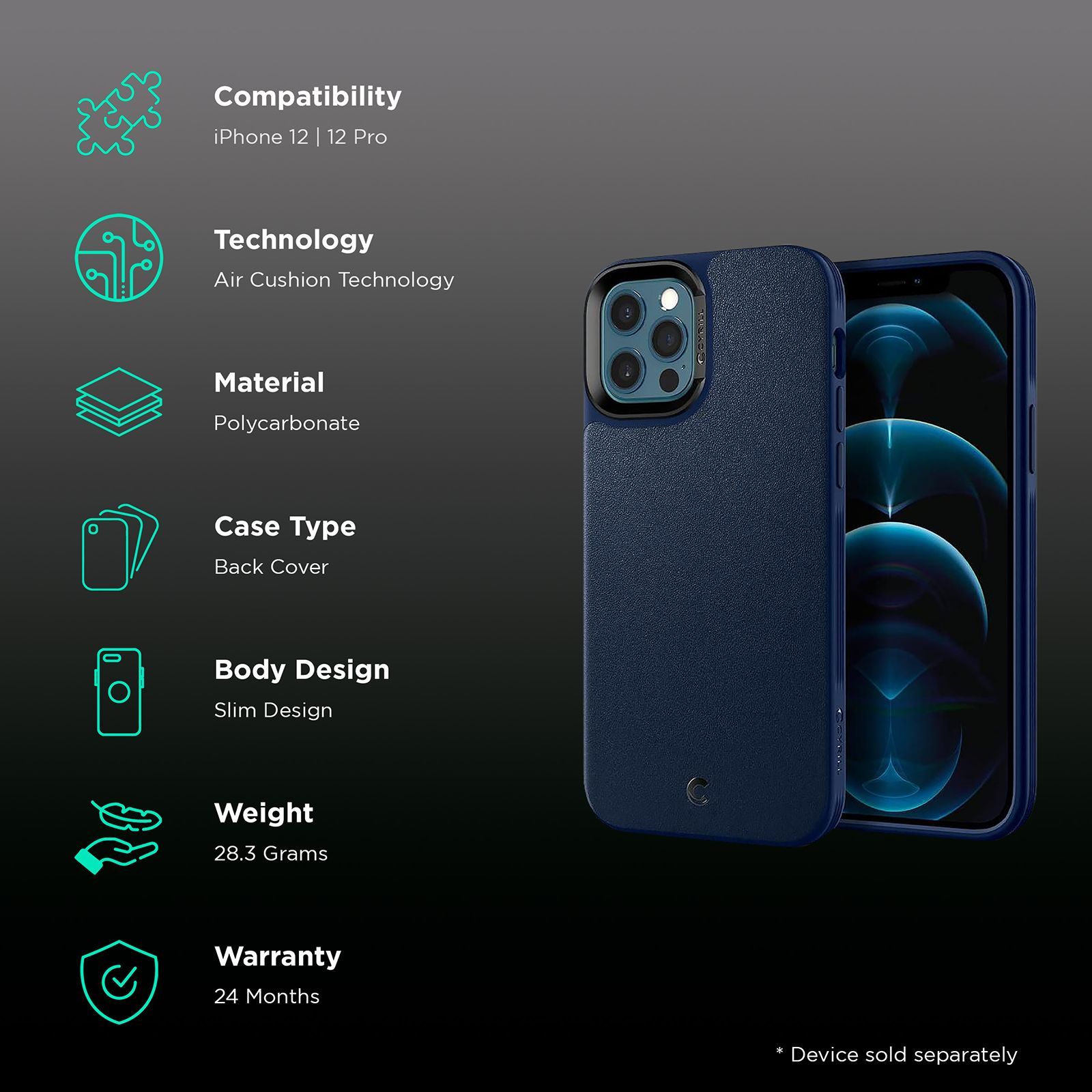 spigen Cyrill Polycarbonate,TPU & Faux Leather Back Cover for Apple iPhone 12, 12 Pro (Air Cushion Technology, Navy)_2