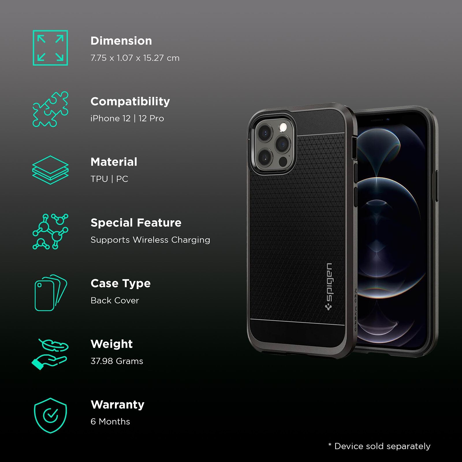 spigen Neo Hybrid Polycarbonate & TPU Back Cover for Apple iPhone 12, 12 Pro (Raised Edges, Gunmetal)_2