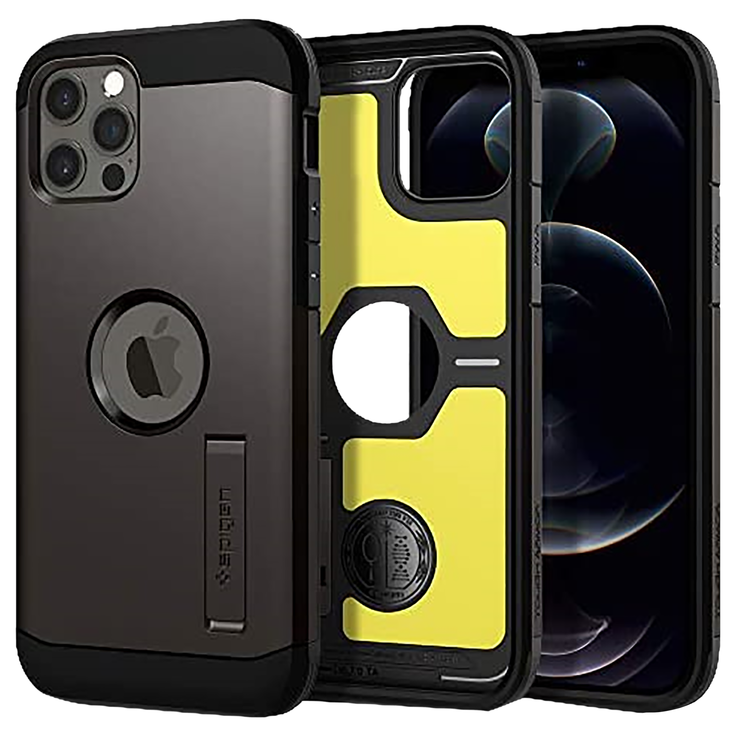 spigen Tough Armor TPU & Polycarbonate Back Case with Stand for Apple iPhone 12, 12 Pro (Wireless Charging Compatible, Gunmetal)_1