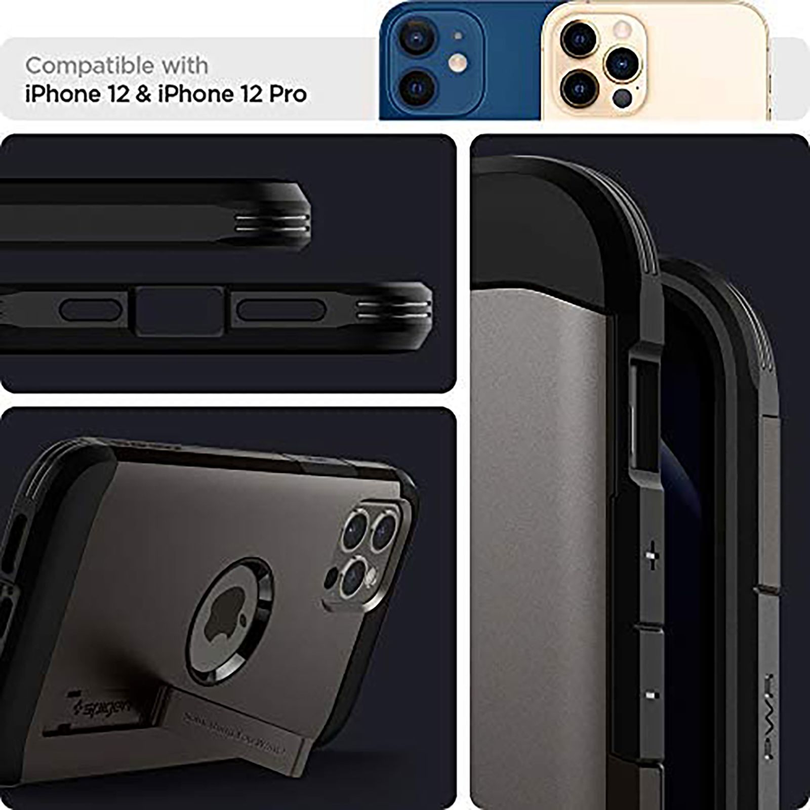 spigen Tough Armor TPU & Polycarbonate Back Case with Stand for Apple iPhone 12, 12 Pro (Wireless Charging Compatible, Gunmetal)_9