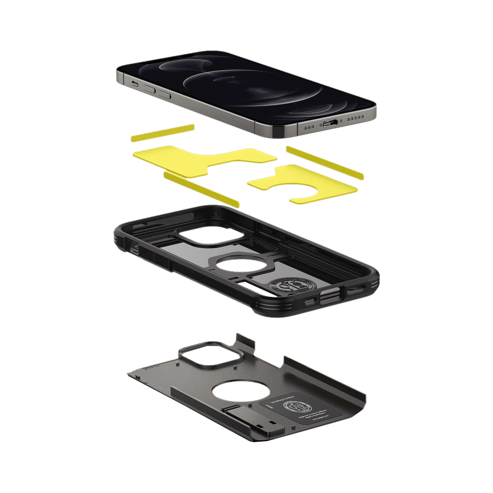 spigen Tough Armor TPU & Polycarbonate Back Case with Stand for Apple iPhone 12, 12 Pro (Wireless Charging Compatible, Gunmetal)_12