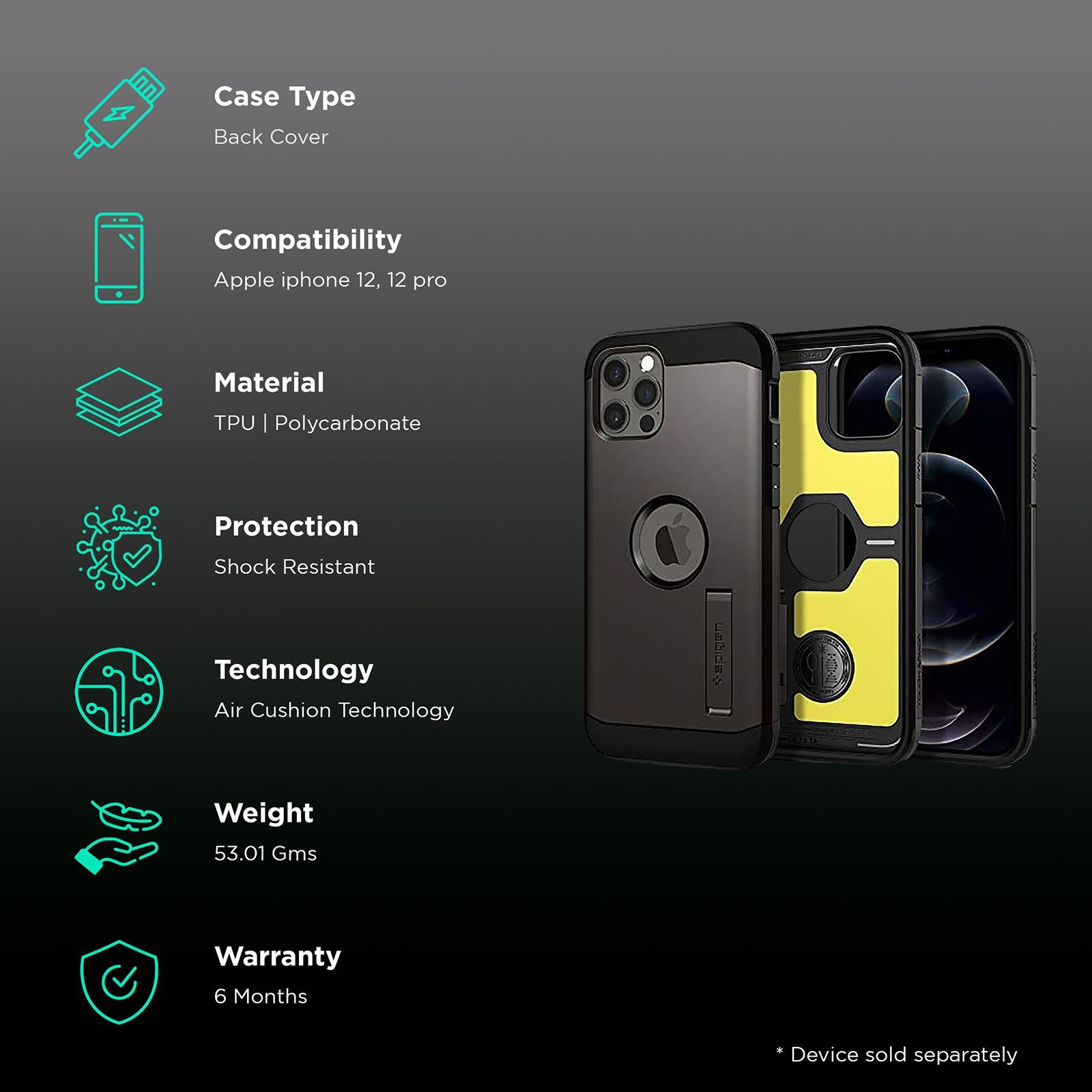 spigen Tough Armor TPU & Polycarbonate Back Case with Stand for Apple iPhone 12, 12 Pro (Wireless Charging Compatible, Gunmetal)_2