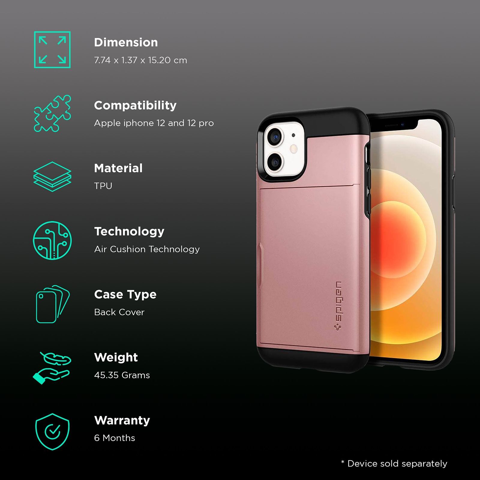 spigen Slim Armor CS TPU Back Cover for Apple iPhone 12, 12 Pro (Air Cushion Technology, Rose Gold)_2