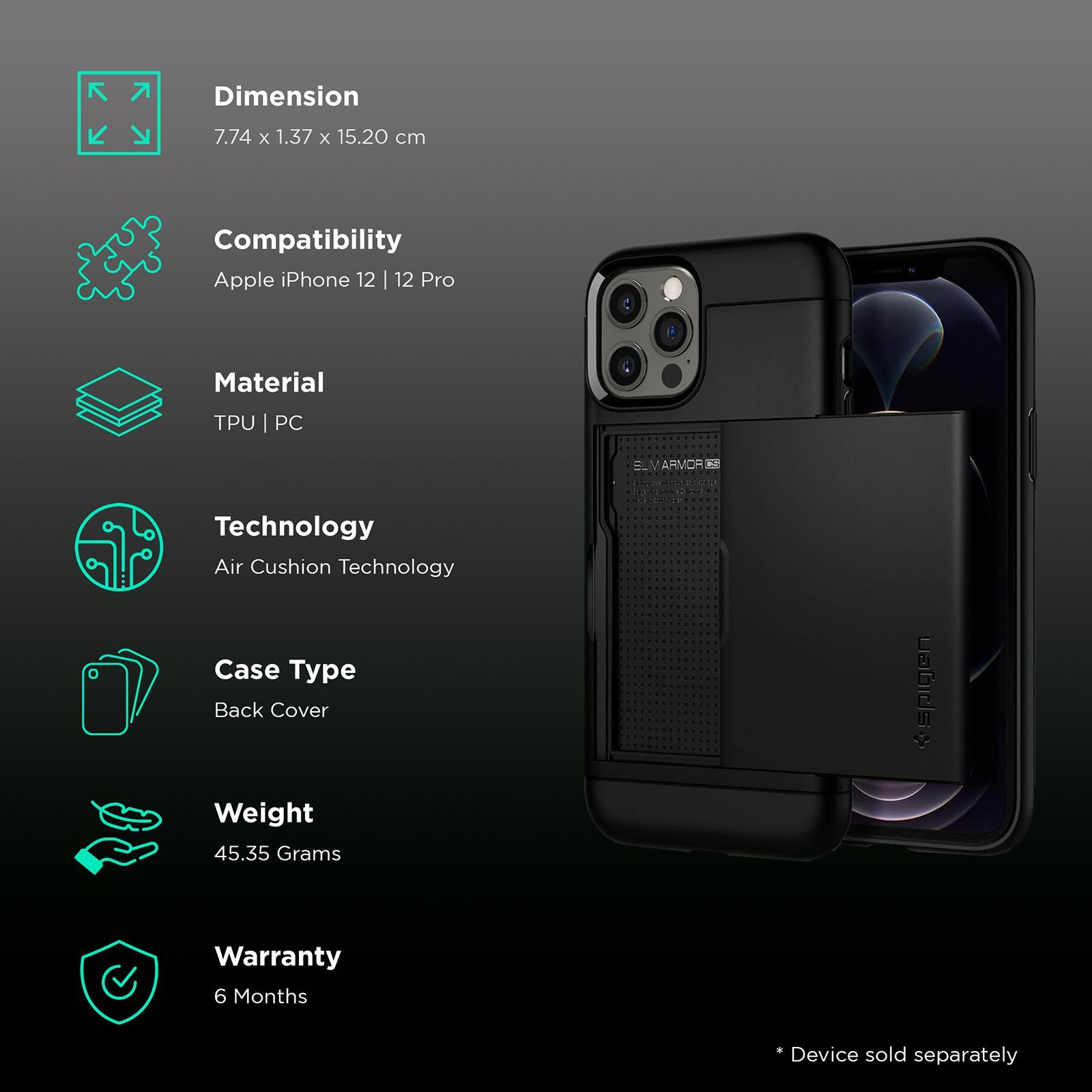 spigen Slim Armor CS TPU & Polycarbonate Back Cover for Apple iPhone 12, 12 Pro (Air Cushion Technology, Black)_2