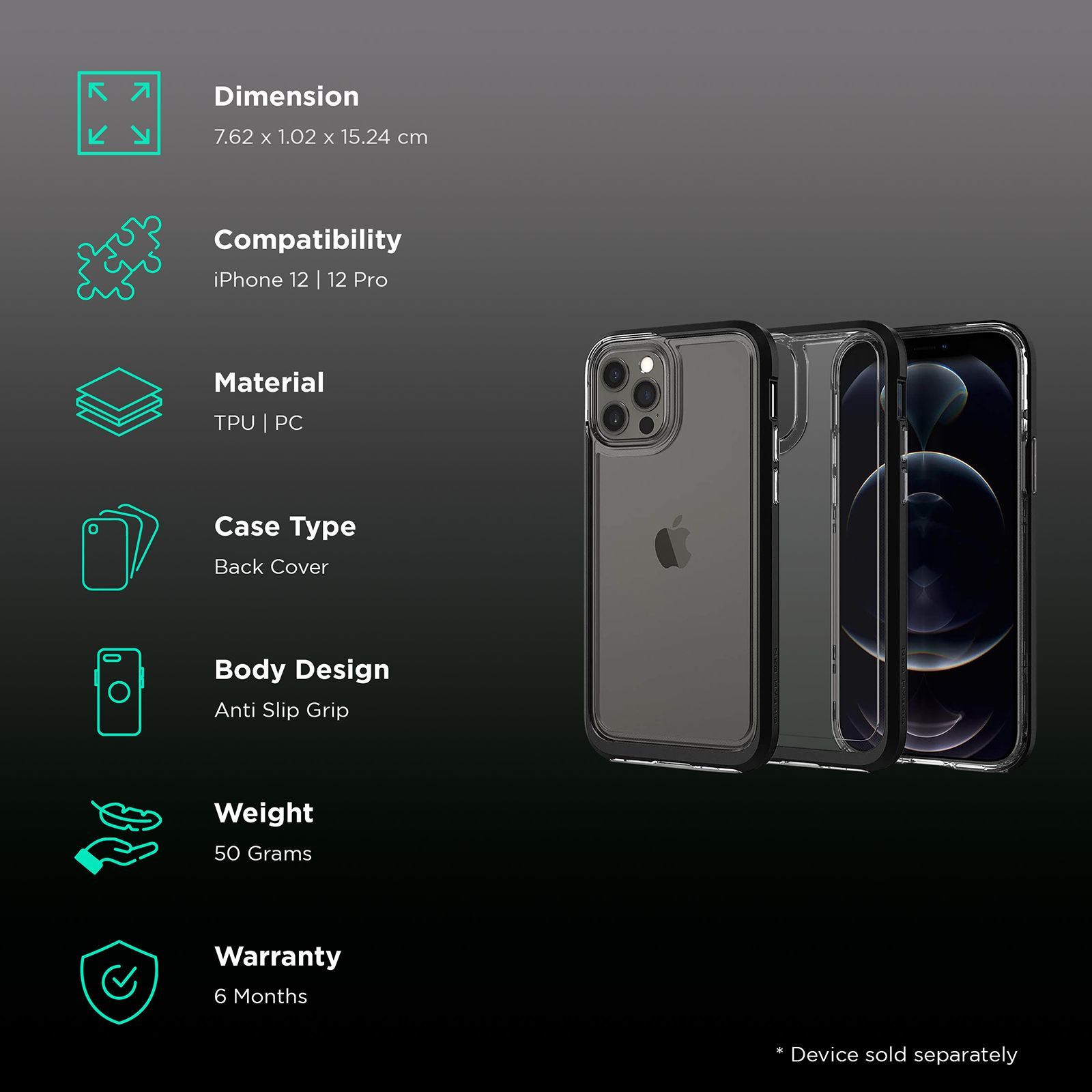 spigen Neo Hybrid Crystal TPU & PC Back Case For iPhone 12/iPhone 12 Pro (Hybrid Structure, ACS01706, Black)_2