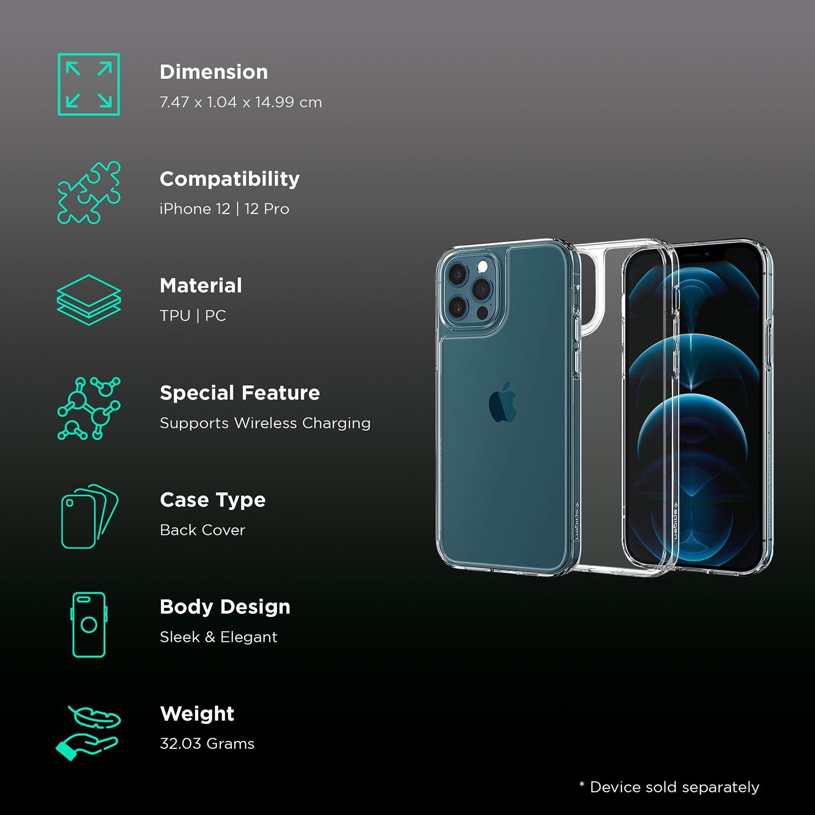 spigen Quartz Hybrid Glass, Tempered Glass & TPU Back Case For iPhone 12/iPhone 12 Pro (Slim & Grip-Friendly, ACS01705, Crystal Clear)_2