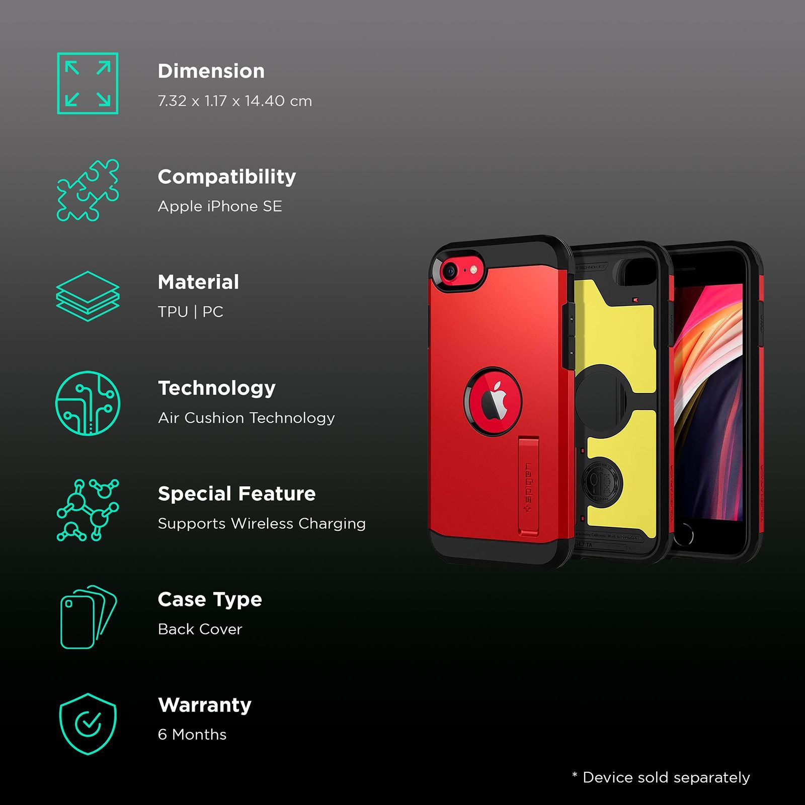 spigen Tough Armor TPU & Polycarbonate Back Case with Stand for Apple iPhone SE (Wireless Charging Compatible, Red) spigen Tough Armor TPU & Polycarbonate Back Case with Stand for Apple iPhone SE (Wireless Charging Compatible, Red)_2