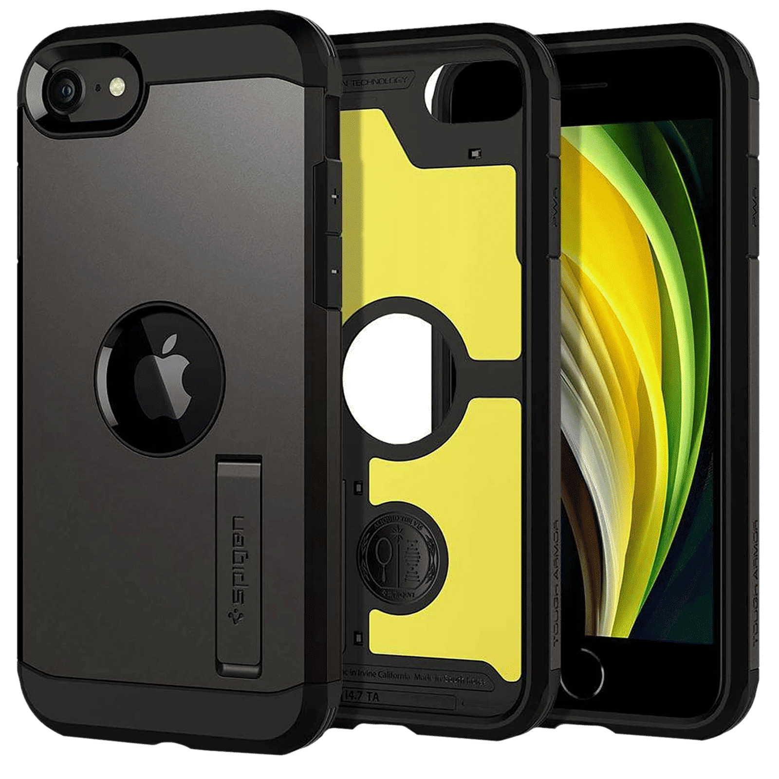 spigen Tough Armor TPU & Polycarbonate Back Case with Stand for Apple iPhone SE (Wireless Charging Compatible, Gunmetal)_1