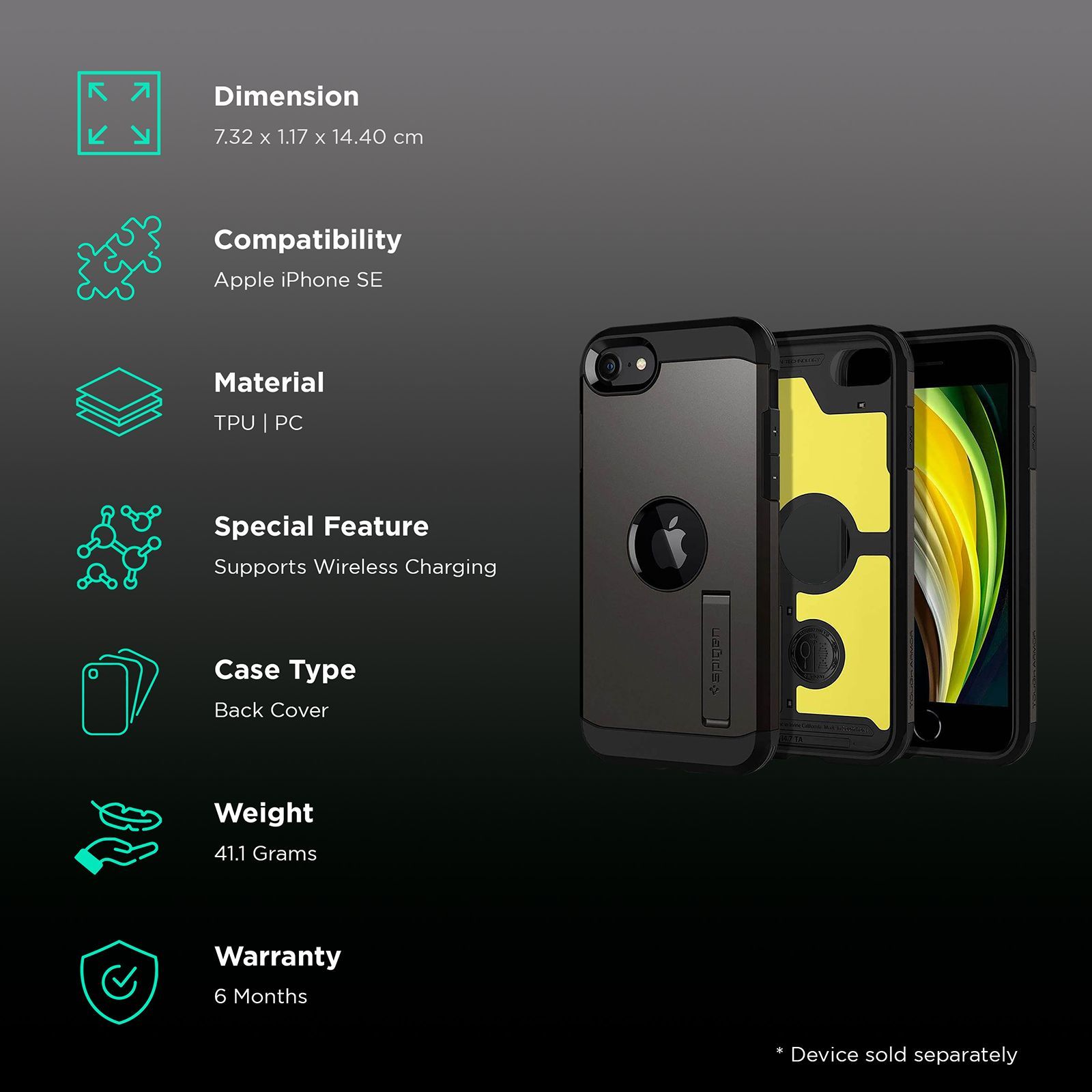 spigen Tough Armor TPU & Polycarbonate Back Case with Stand for Apple iPhone SE (Wireless Charging Compatible, Gunmetal)_2