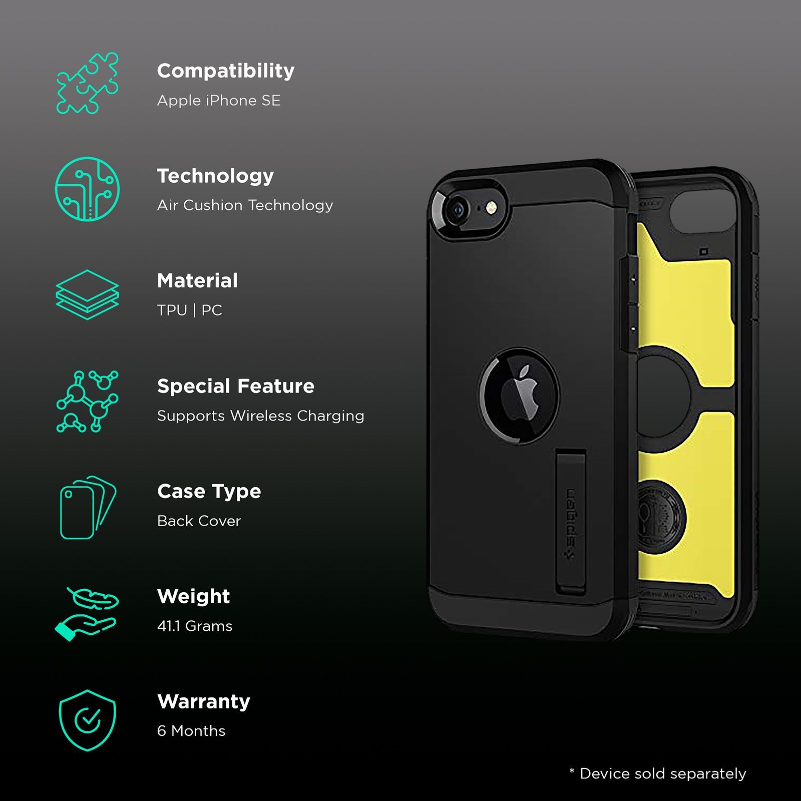 spigen Tough Armor TPU & Polycarbonate Back Case with Stand for Apple iPhone SE (Wireless Charging Compatible, Black)_2