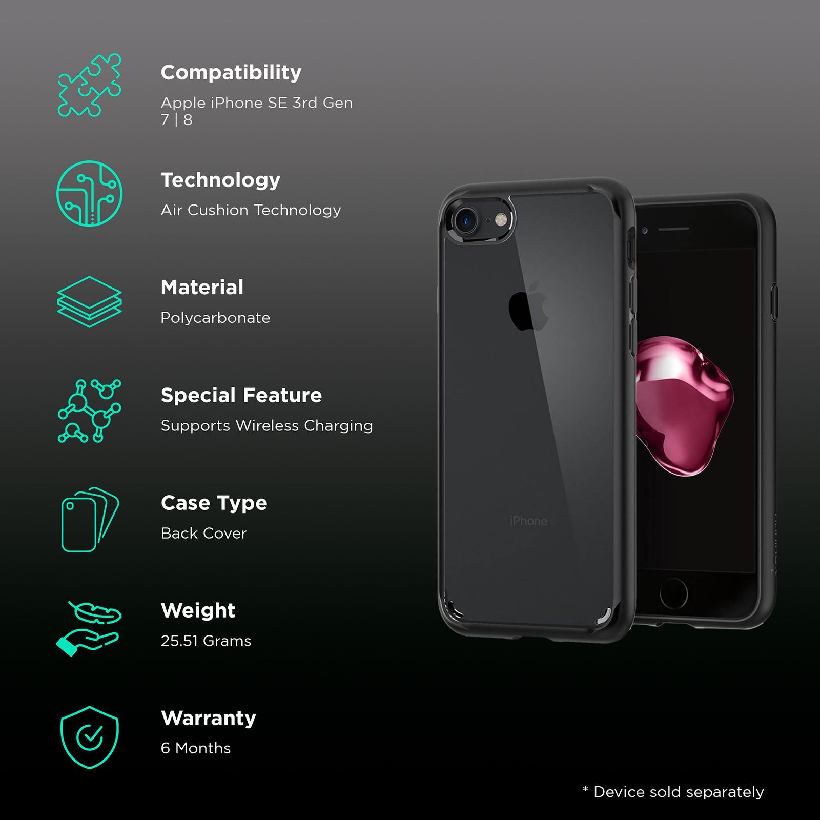 spigen Ultra Hybrid Polycarbonate Back Cover for Apple iPhone SE 3rd Gen, 7, 8 (Wireless Charging Compatible, Black)_2