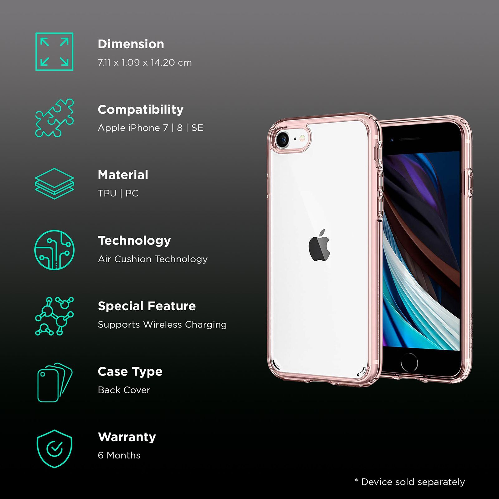 spigen Ultra Hybrid TPU & Polycarbonate Back Cover for Apple iPhone 7, 8, SE (Supports Wireless Charging, Rose Crystal)_2