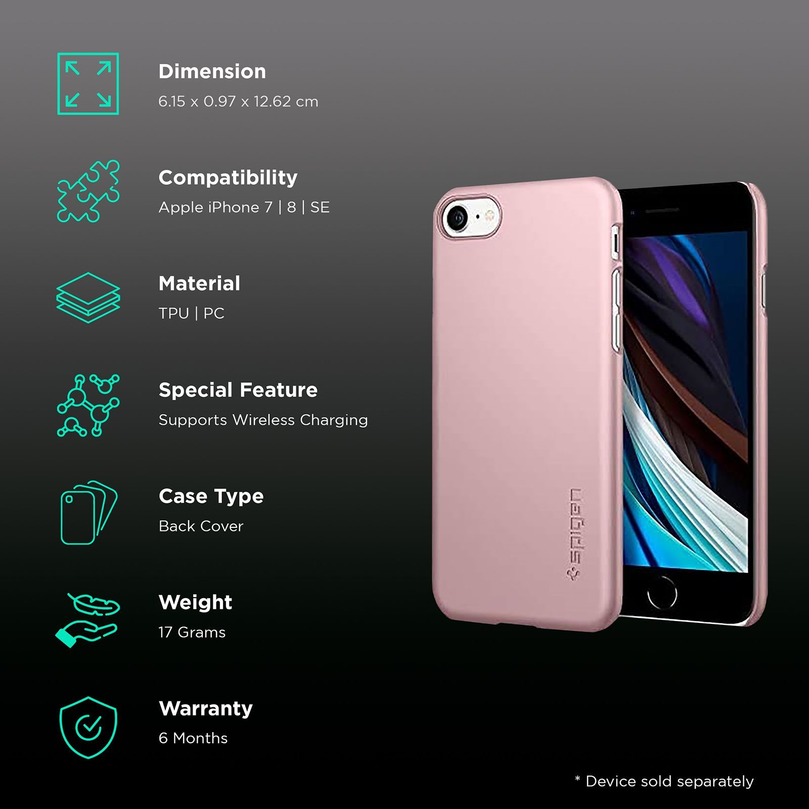 spigen Thin Fit Soft TPU & Polycarbonate Back Cover for Apple iPhone 7, 8, SE (Wireless Charging Compatible, Rose Gold)_2