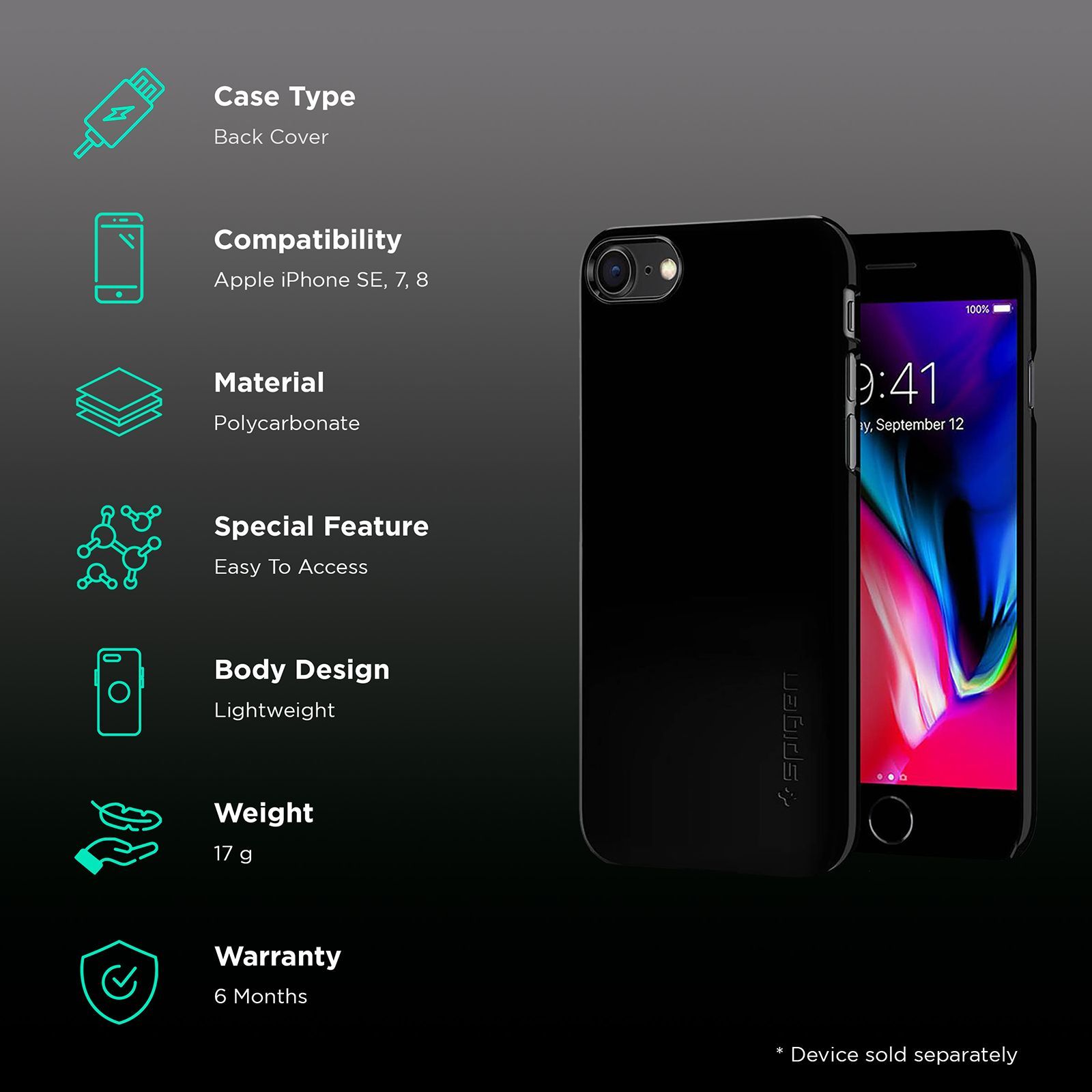 spigen Thin Fit Soft TPU & Polycarbonate Back Cover for Apple iPhone 7, 8, SE (Wireless Charging Compatible, Black)_2