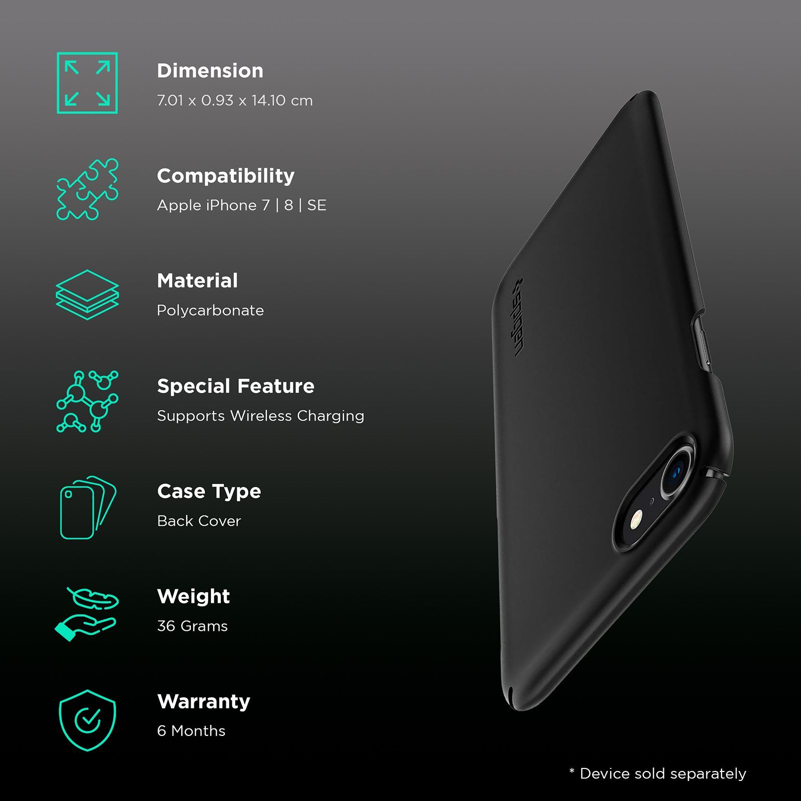 spigen Thin Fit 2 Polycarbonate Back Cover for Apple iPhone 7, 8, SE (Wireless Charging Compatible, Black)_2