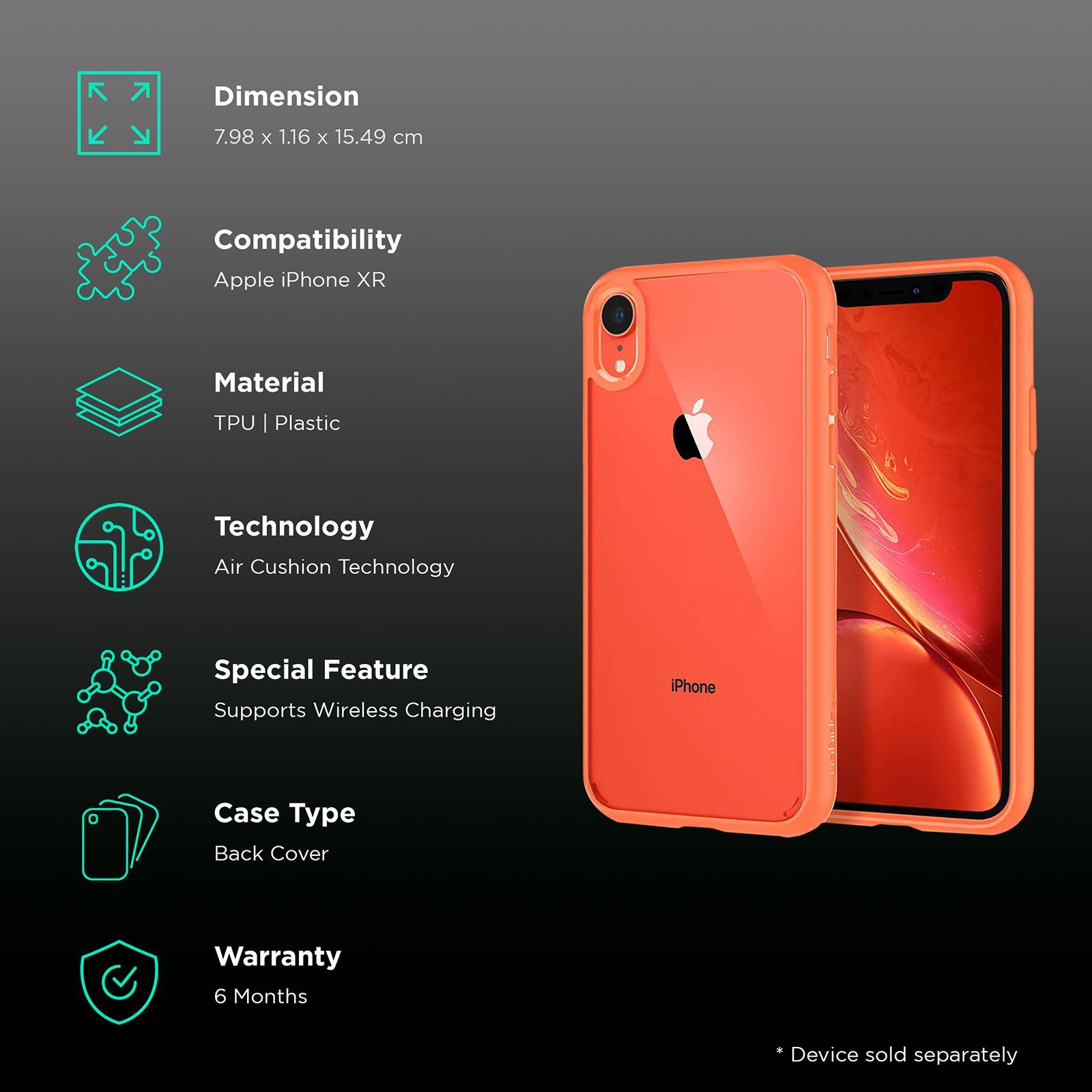 spigen Ultra Hybrid TPU & Plastic Back Cover for Apple iPhone XR (Wireless Charging Compatible?, Coral)_2