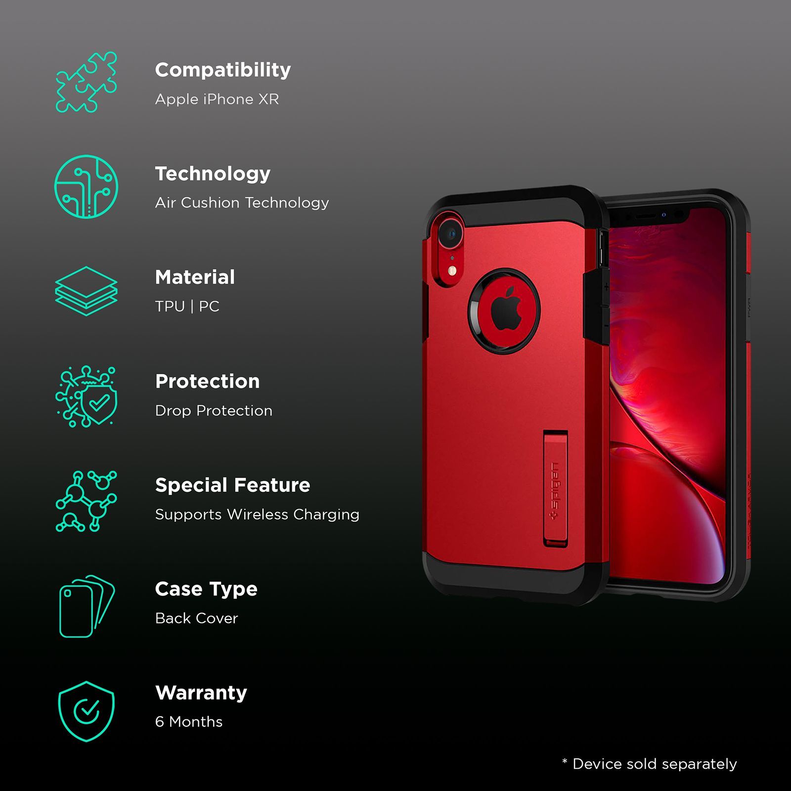spigen Tough Armor TPU & Polycarbonate Back Case with Stand for Apple iPhone XR (Wireless Charging Compatible, Red) spigen Tough Armor TPU & Polycarbonate Back Case with Stand for Apple iPhone XR (Wireless Charging Compatible, Red)_2