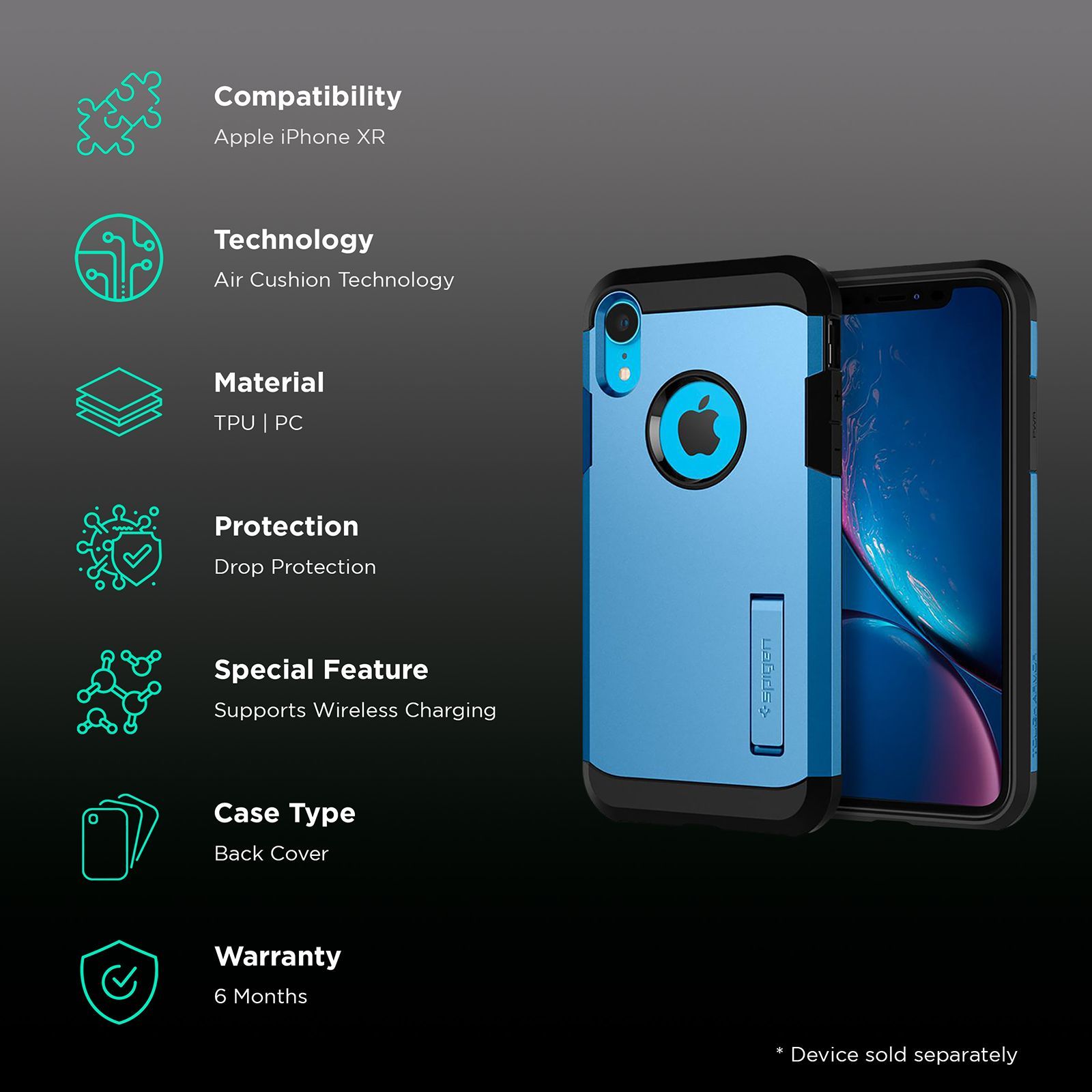 spigen Tough Armor TPU & Polycarbonate Back Case with Stand for Apple iPhone XR (Wireless Charging Compatible, Blue)_2